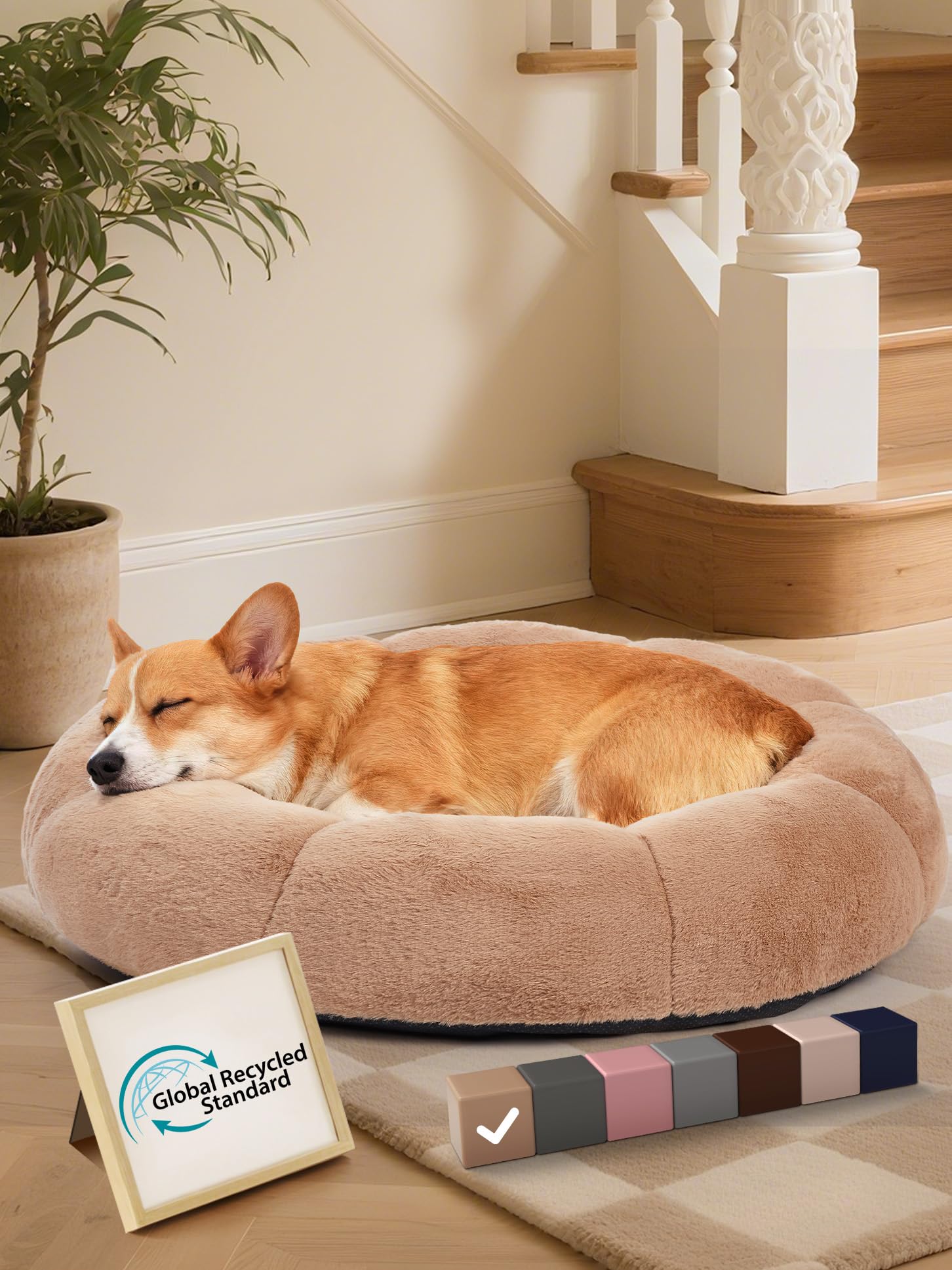 OhGeni camel donut bed 31in shows cozy round shape for medium pets' comfy lounging