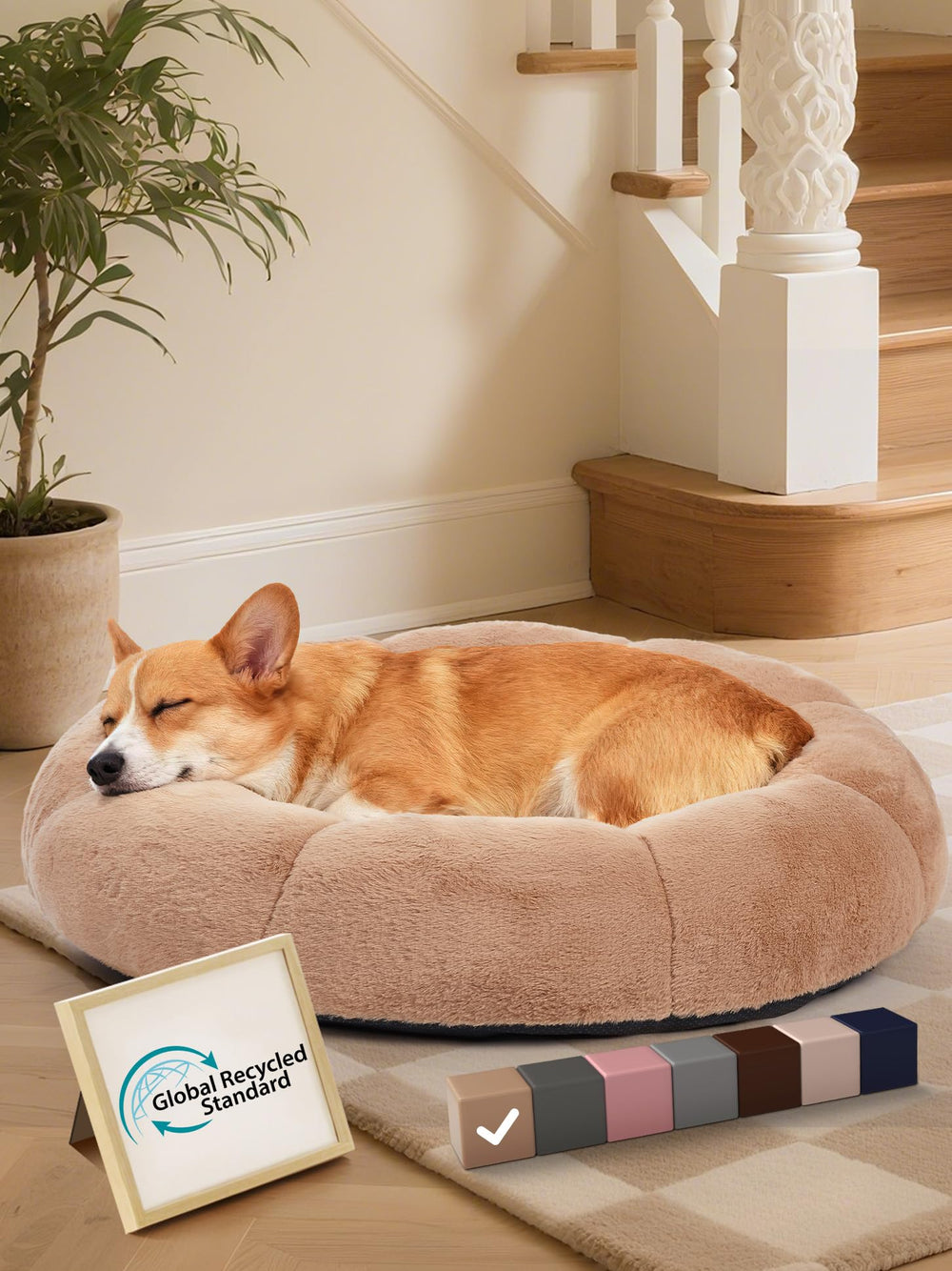 OhGeni camel donut bed 31in shows cozy round shape for medium pets' comfy lounging