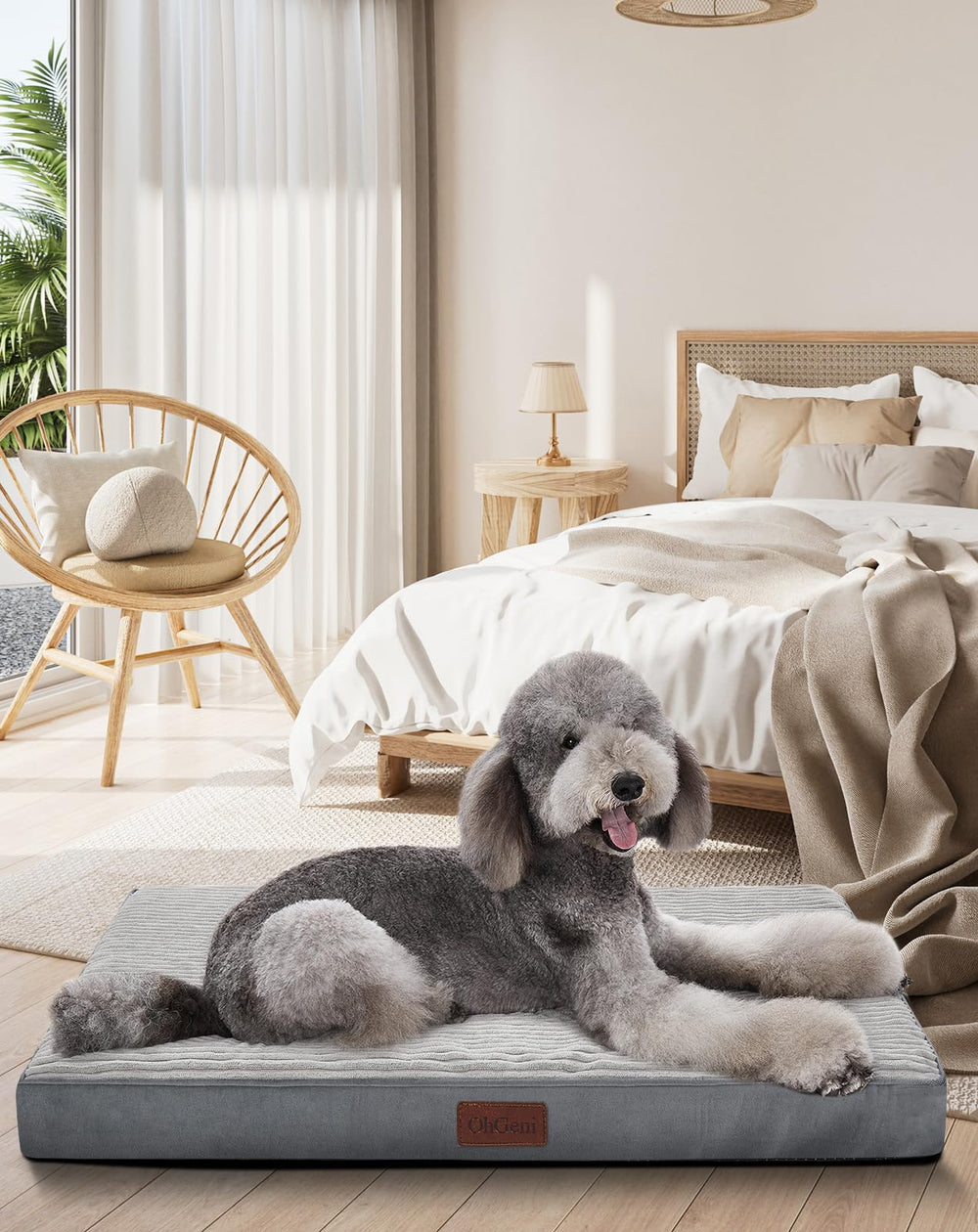 OhGeni Orthopedic Bed 47in gray front view for XL pets in crates.