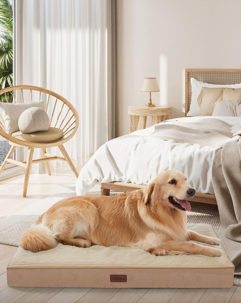 OhGeni orthopedic dog bed in khaki, full view for large pets and comfort.