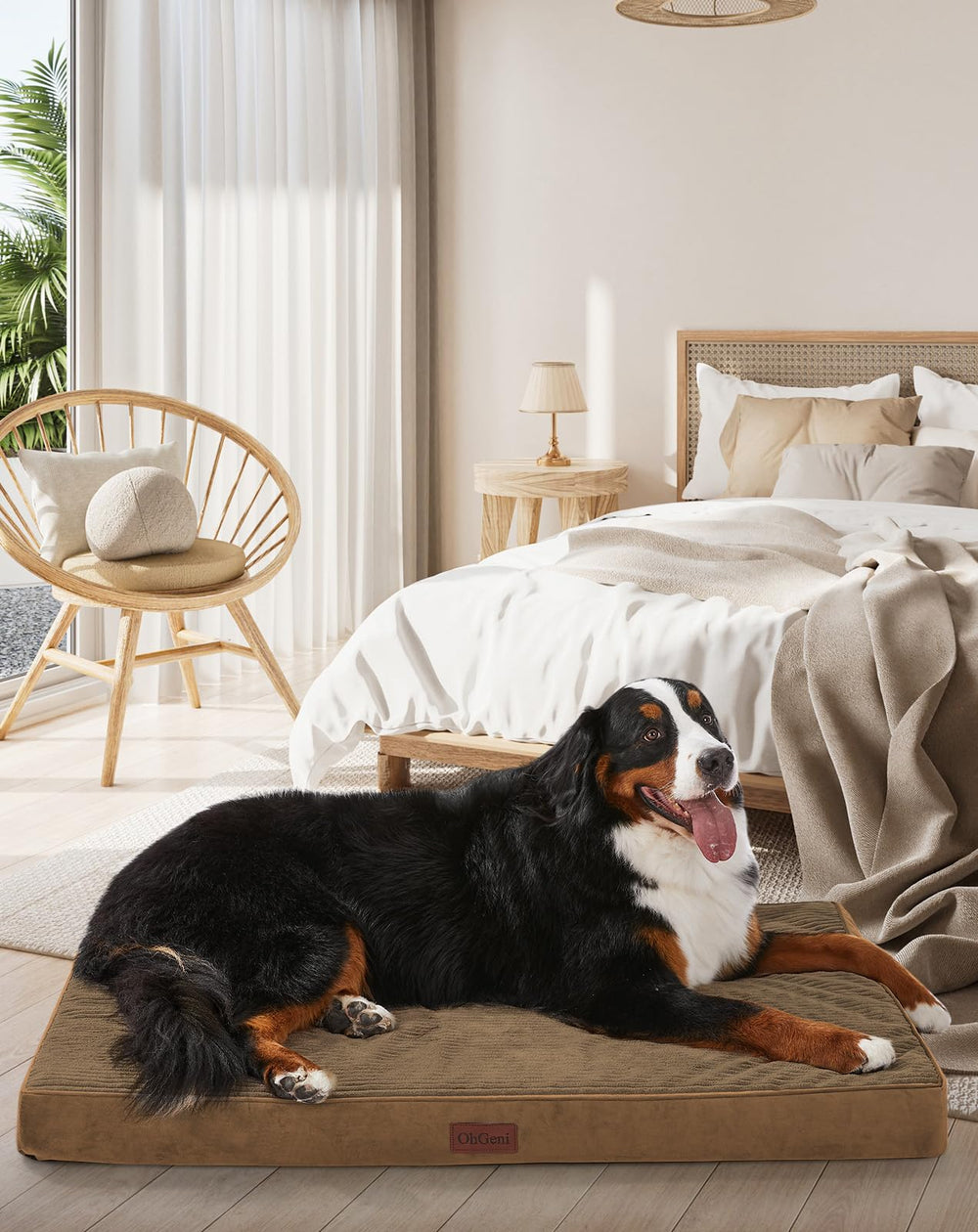 OhGeni orthopedic dog bed coffee cover close showcasing plush surface and oversized fit