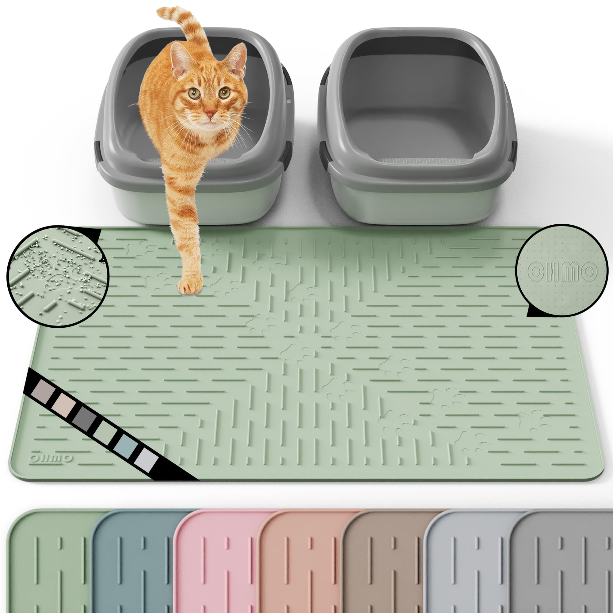 OHMO Cat Litter Mat Large front view shows sage green silicone surface and reduced tracking