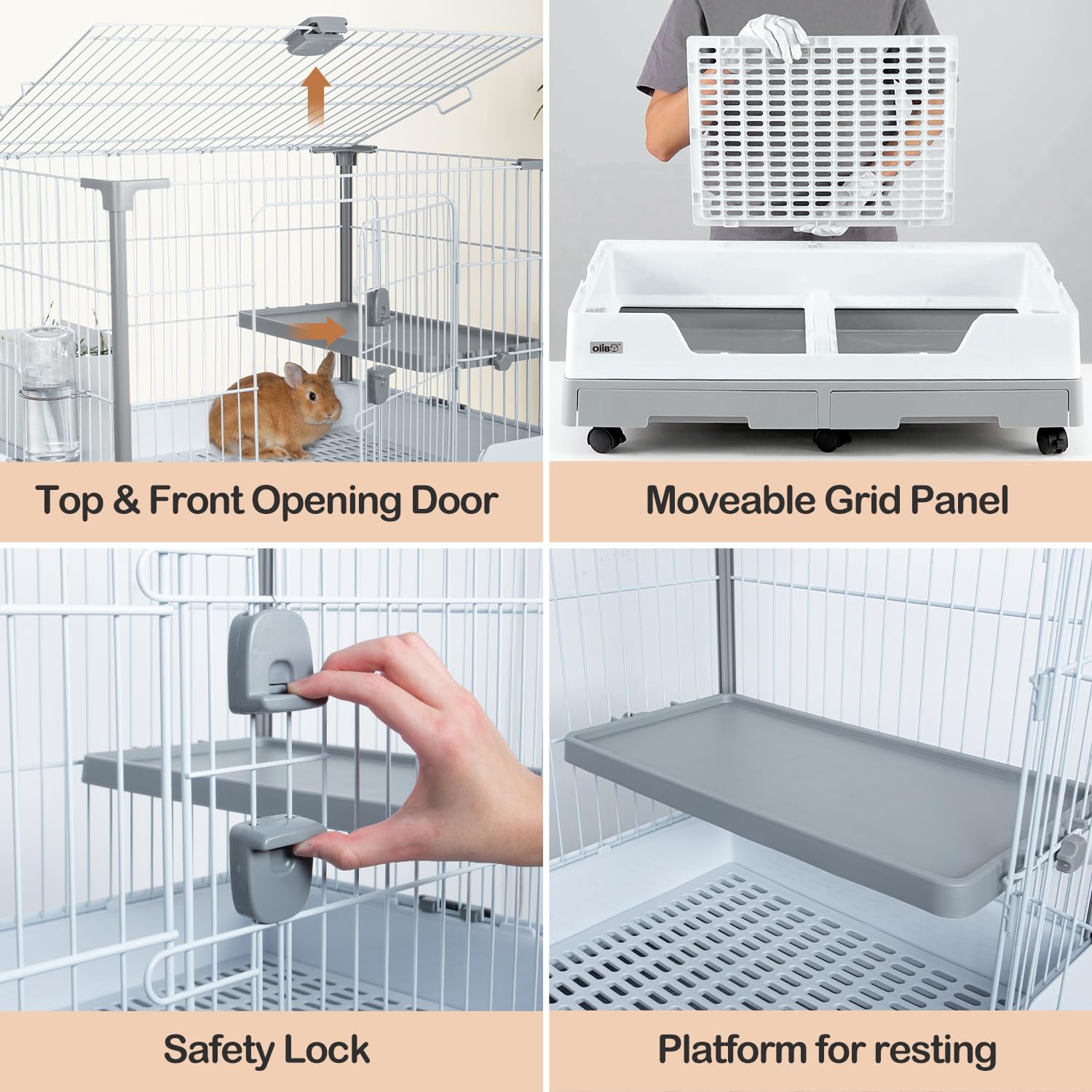 Oiibo Deluxe Rabbit Cage raised platform provides resting and play space for small pets.