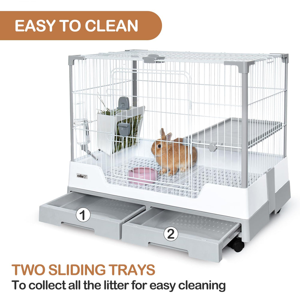 Oiibo Deluxe Rabbit Cage removable mesh bottom keeps hay and litter contained for quick cleanup.
