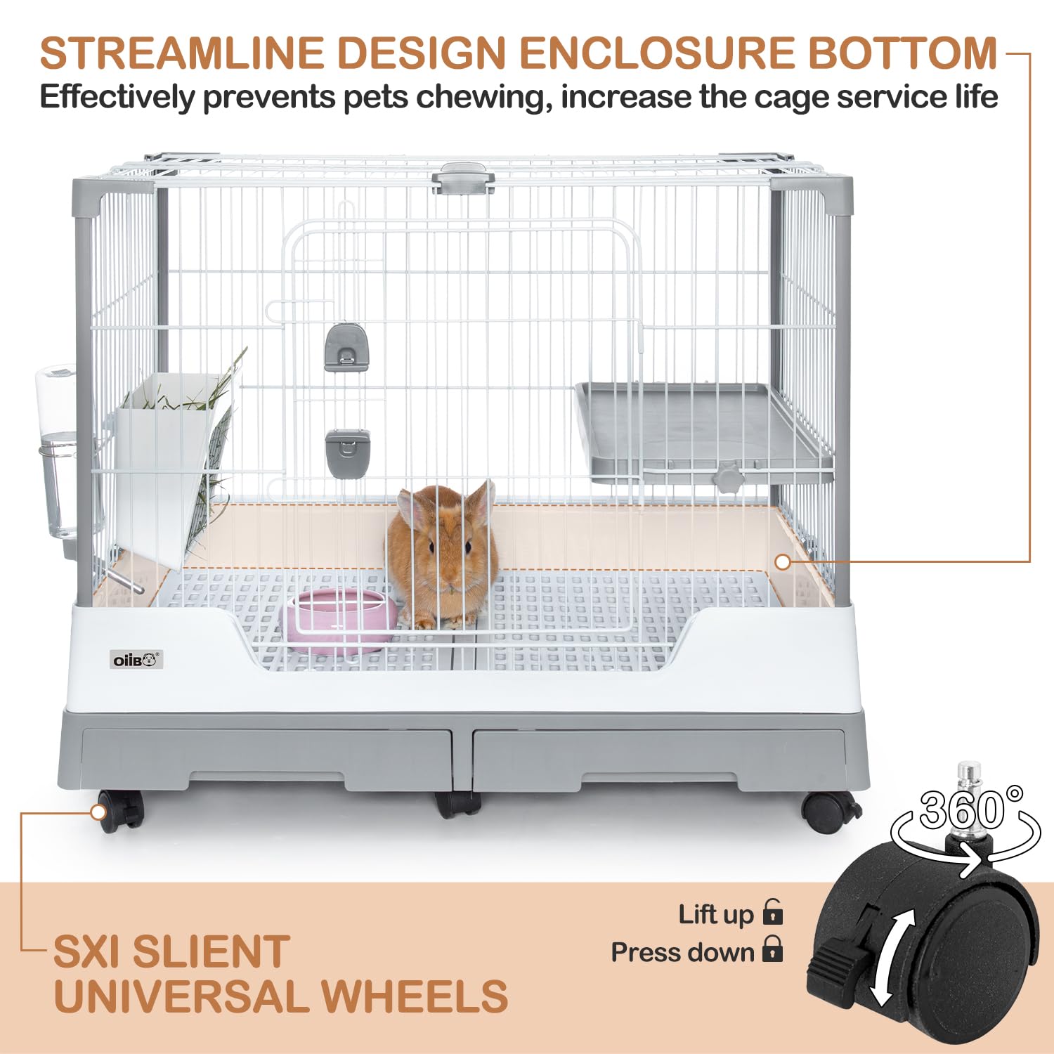 Oiibo Deluxe Rabbit Cage sliding drawer simplifies litter cleanup between uses.