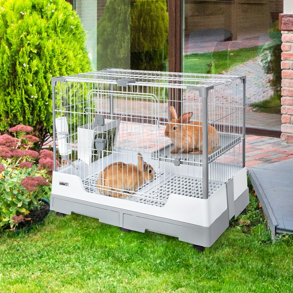 Oiibo Deluxe Rabbit Cage wheels with brakes move the cage safely around your home.