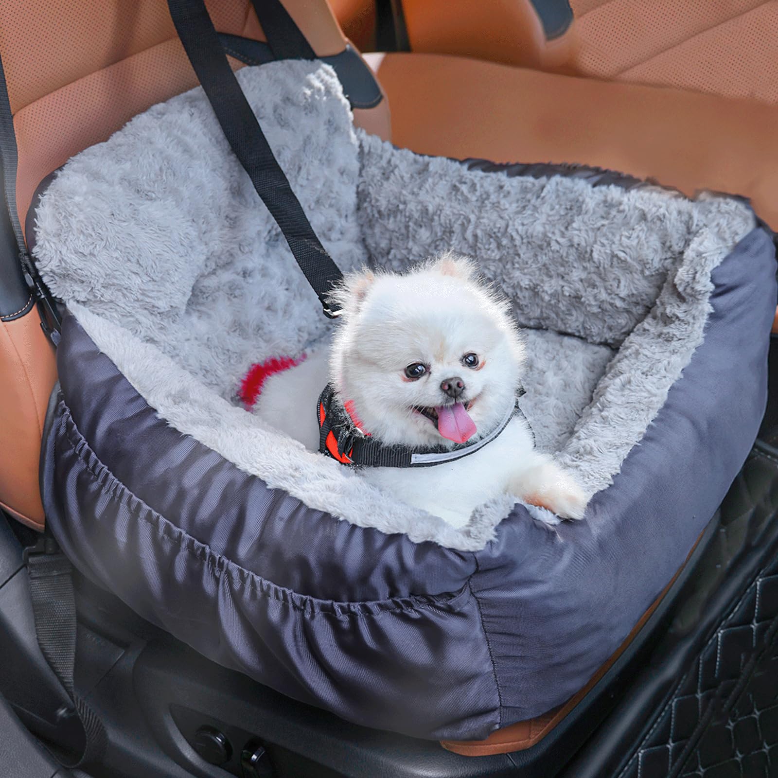 Oiilores dog car seat grey front view with secure straps for safe travels