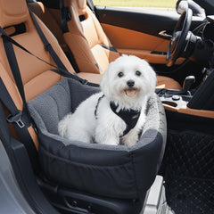 Oiilores dog car seat side view showing built-in clip-on leash for restraint.