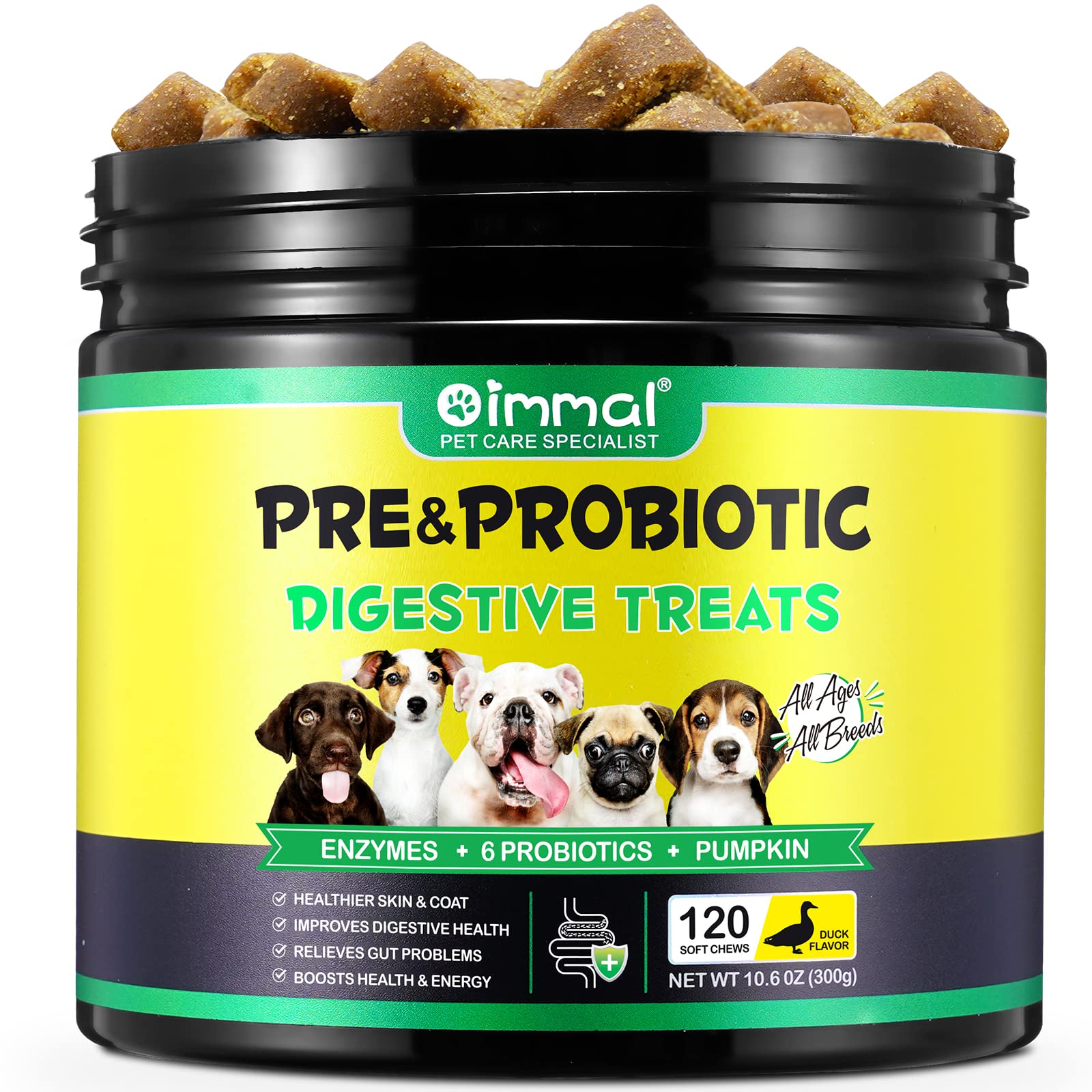 Oimmal dog probiotics chews close-up showing duck flavor and digestive support