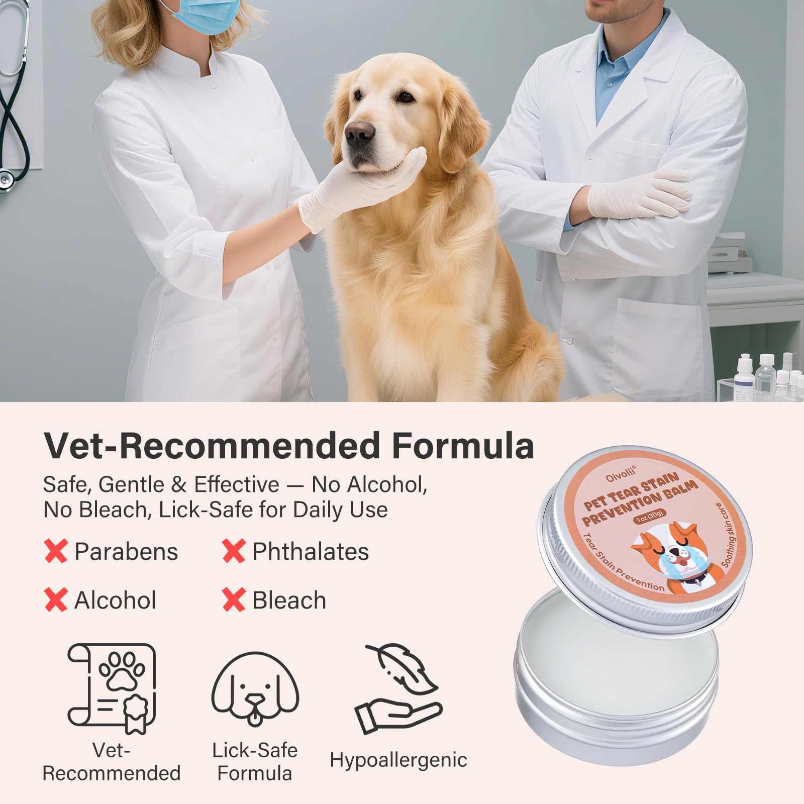 Oivolii Tear Stain Balm on white fur example illustrating stain reduction potential
