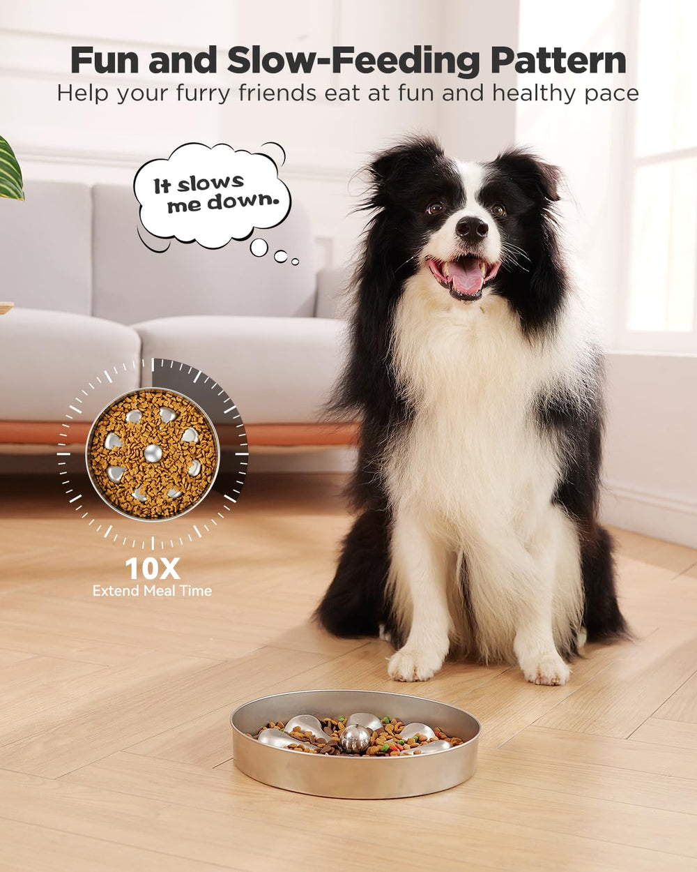 Oiwliur slow-feeder bowl with non-slip base stays put during feeding.
