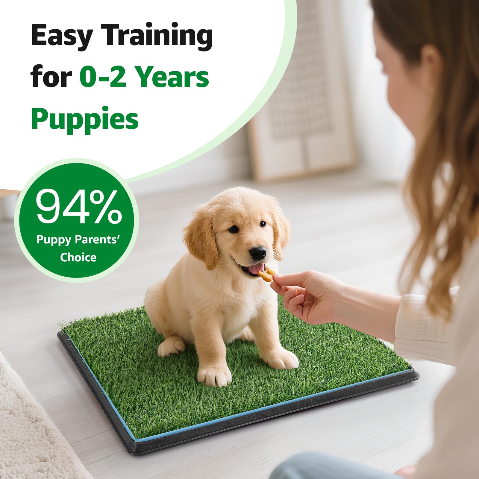 Oiyeefo grass pad tray bottom shows integrated tray for mess containment and easy cleaning