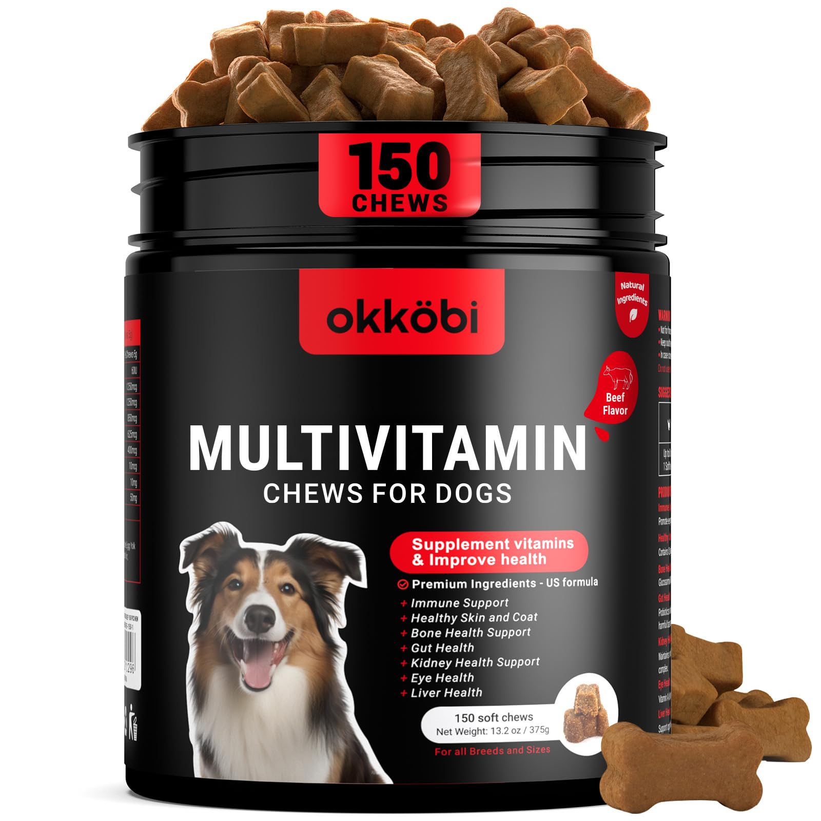 OKKÖBI beef-flavor dog multivitamin chews for immune support and tasty daily treats.