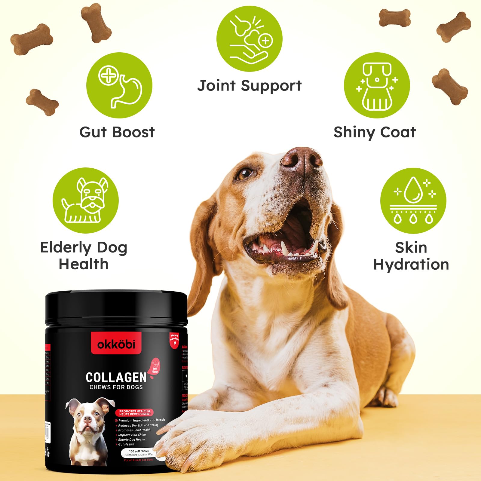 OKKÖBI Collagen for Dogs joint mobility image highlights hyaluronic acid support.