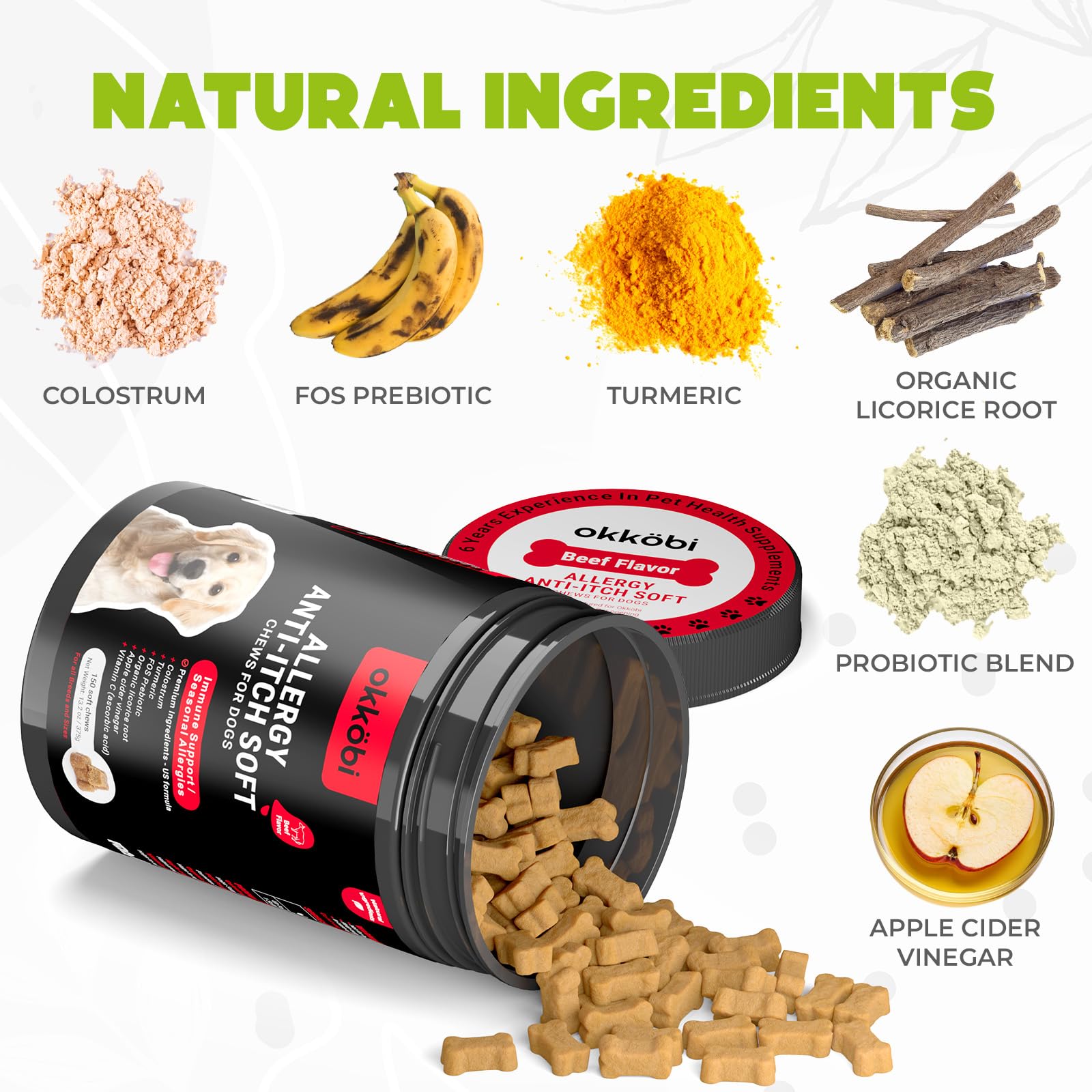 OKKÖBI dog allergy chews beef treats close-up reveal tasty beef flavor.