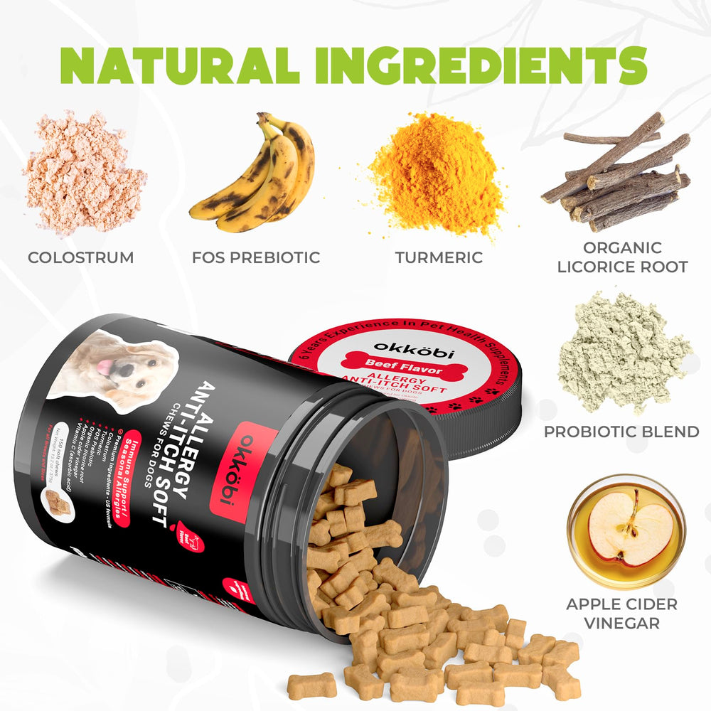OKKÖBI dog allergy chews beef treats close-up reveal tasty beef flavor.