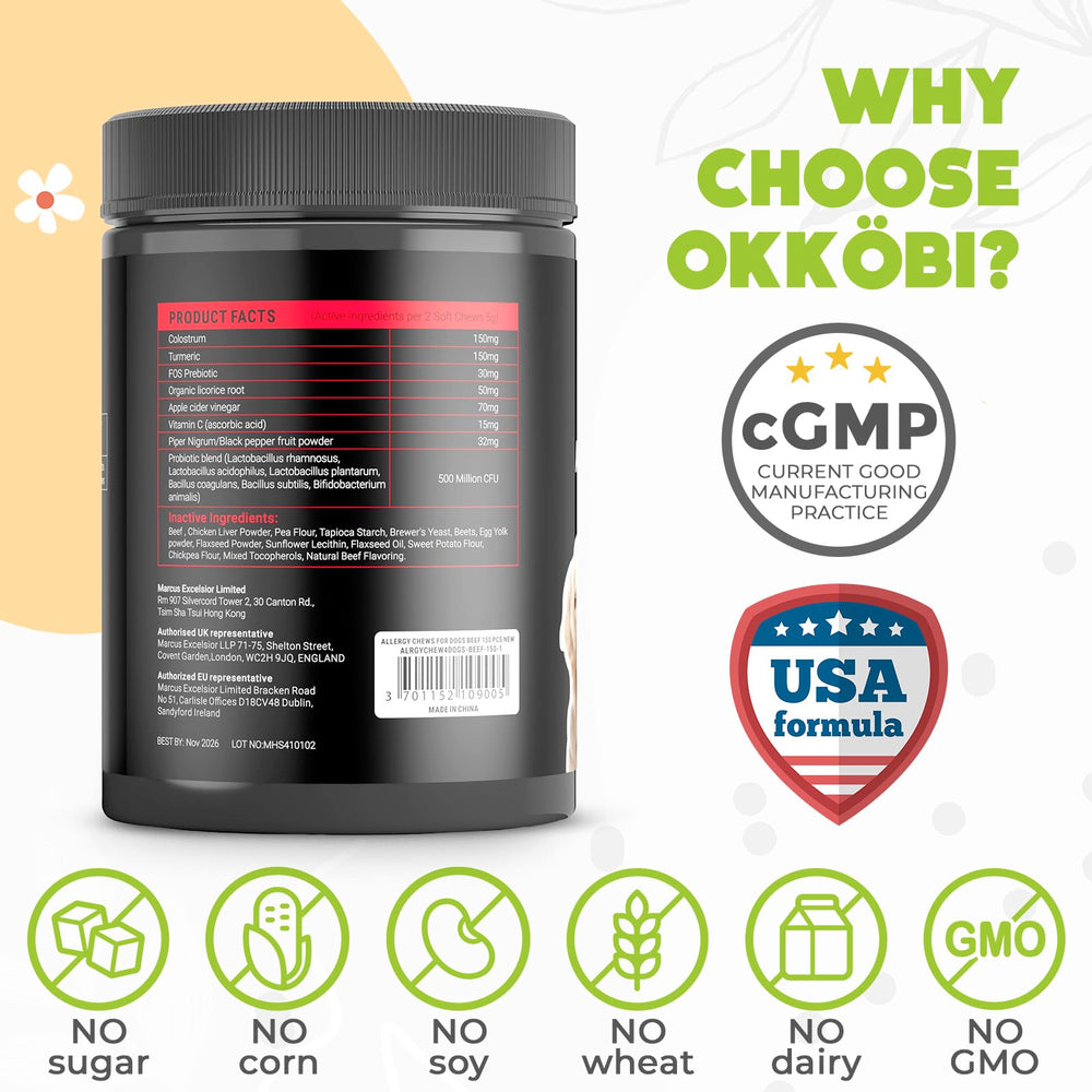 OKKÖBI dog allergy chews dog eating in kitchen scene for easy daily use.