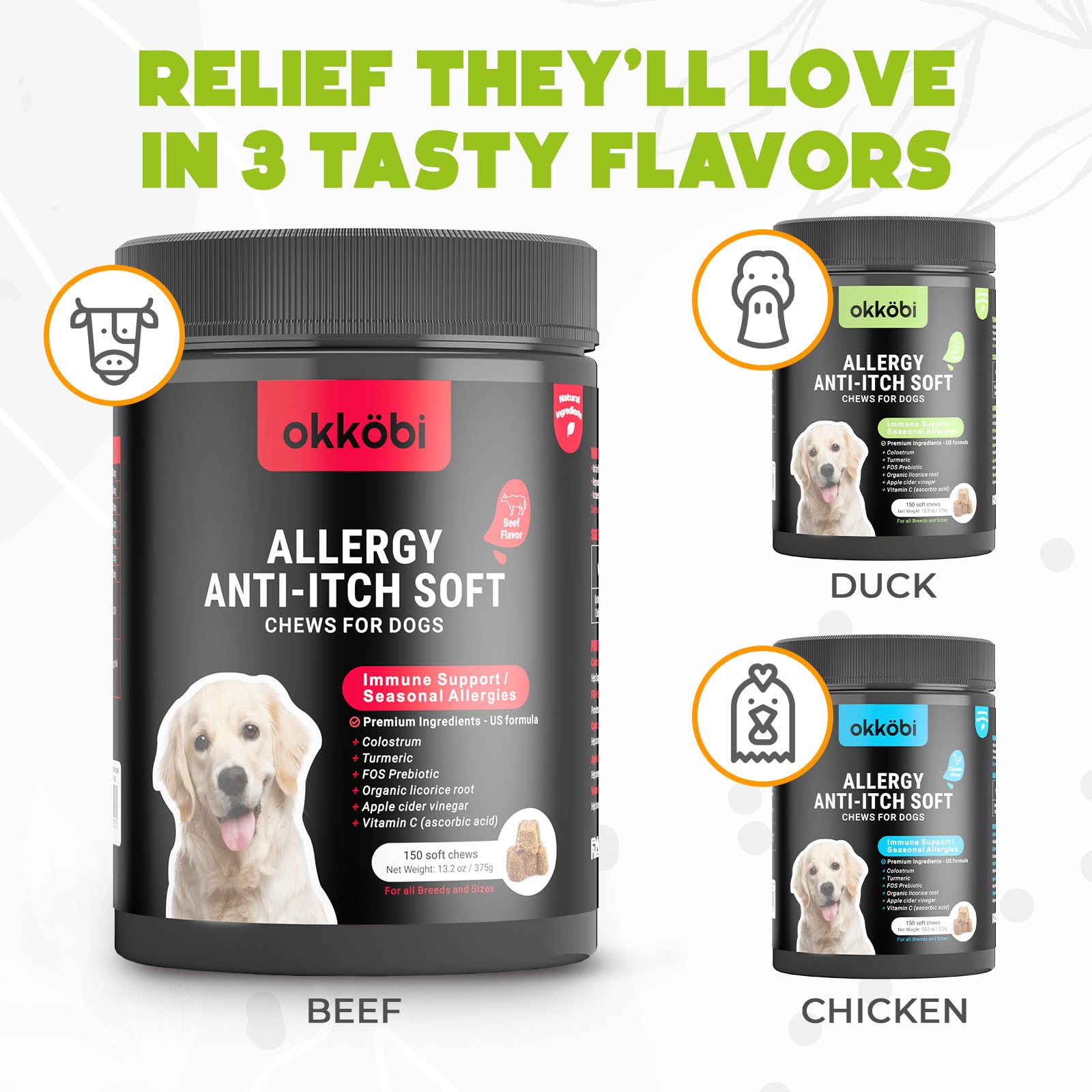 OKKÖBI dog allergy chews hero image conveys comfort after meals.