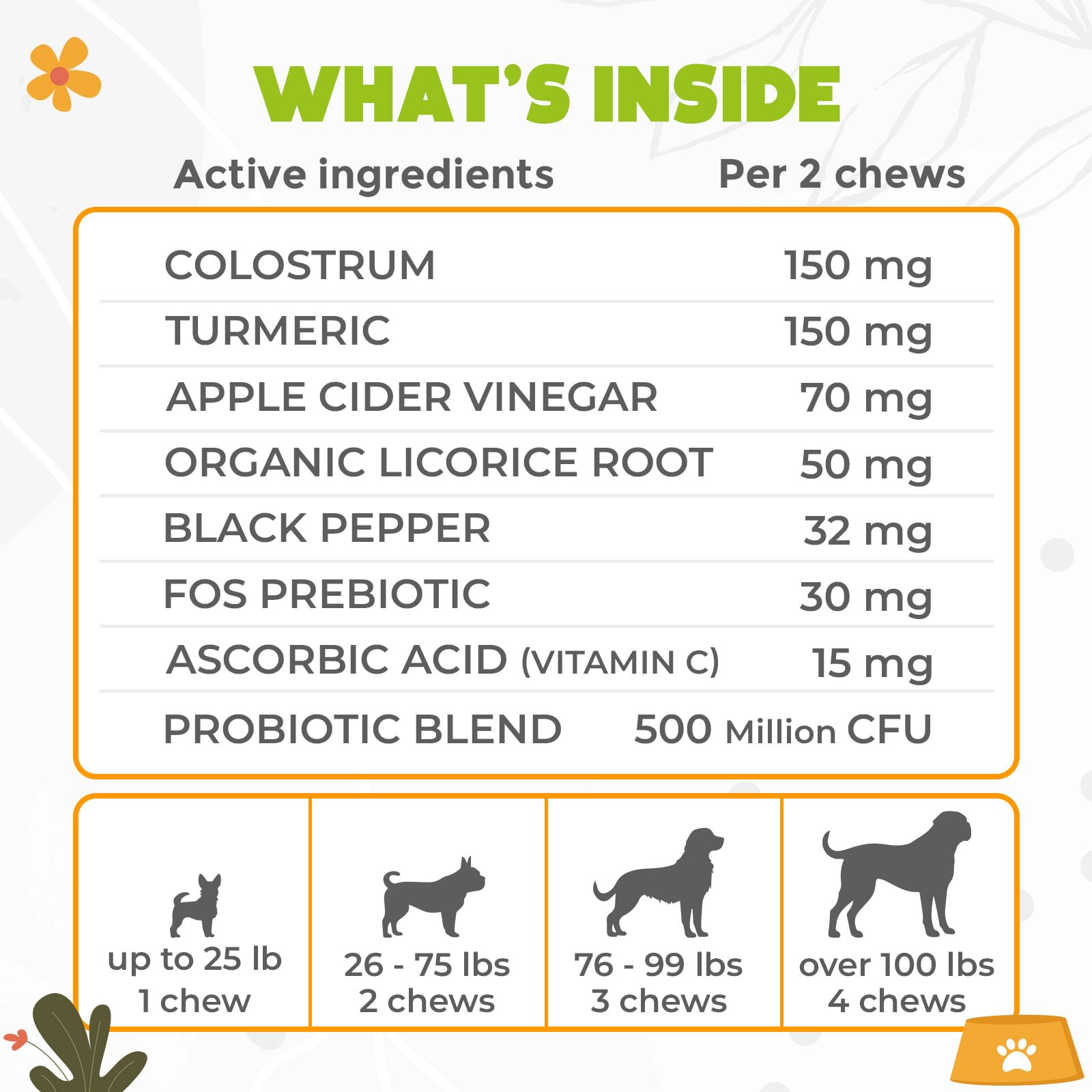 OKKÖBI dog allergy chews ingredients panel highlights probiotics and vitamins.