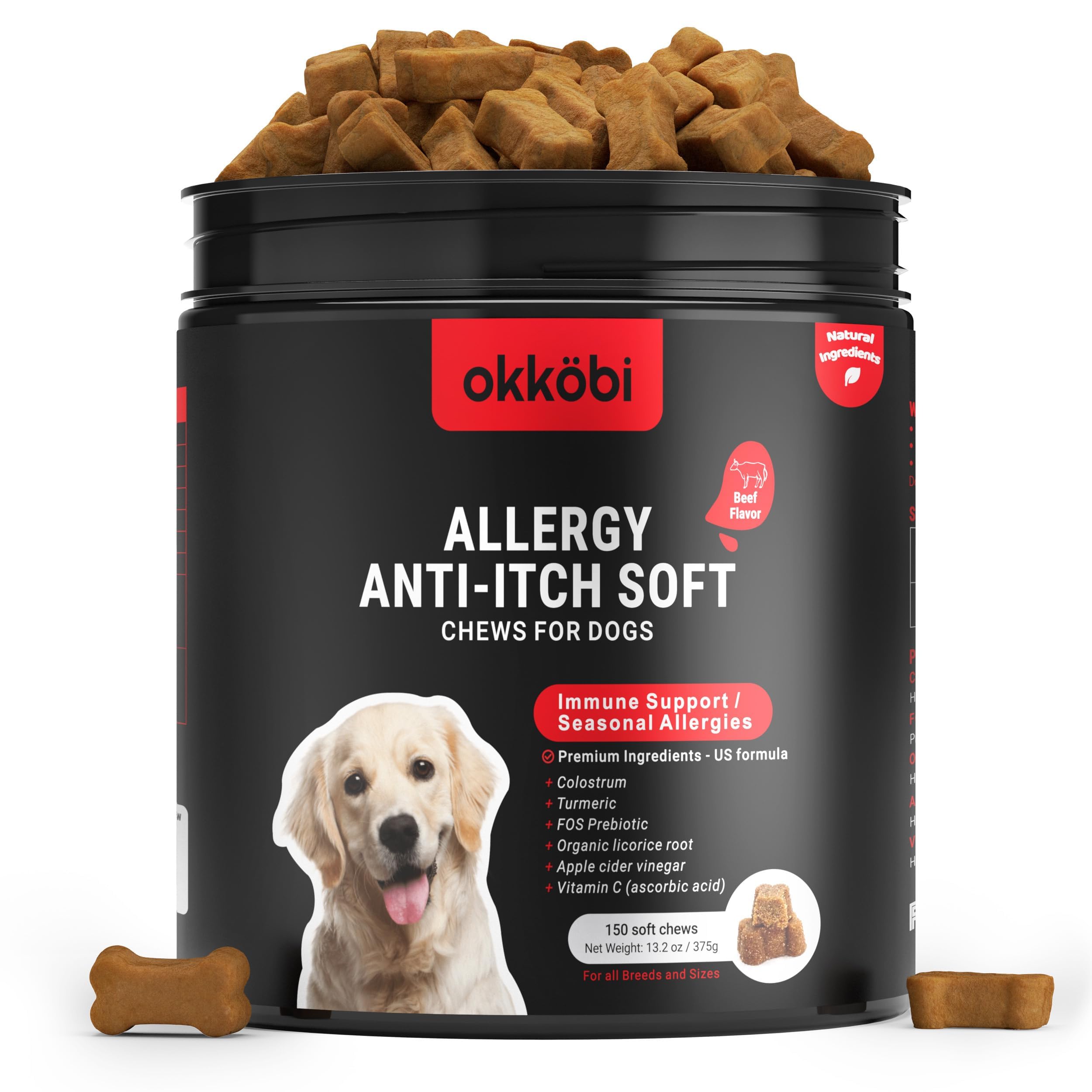 OKKÖBI dog allergy chews packaging highlights natural ingredients for sensitive dogs.