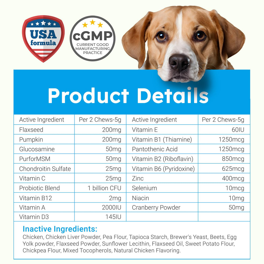 OKKÖBI dog vitamins bottle with flaxseed oil and omega-3 highlights for coat and heart health.