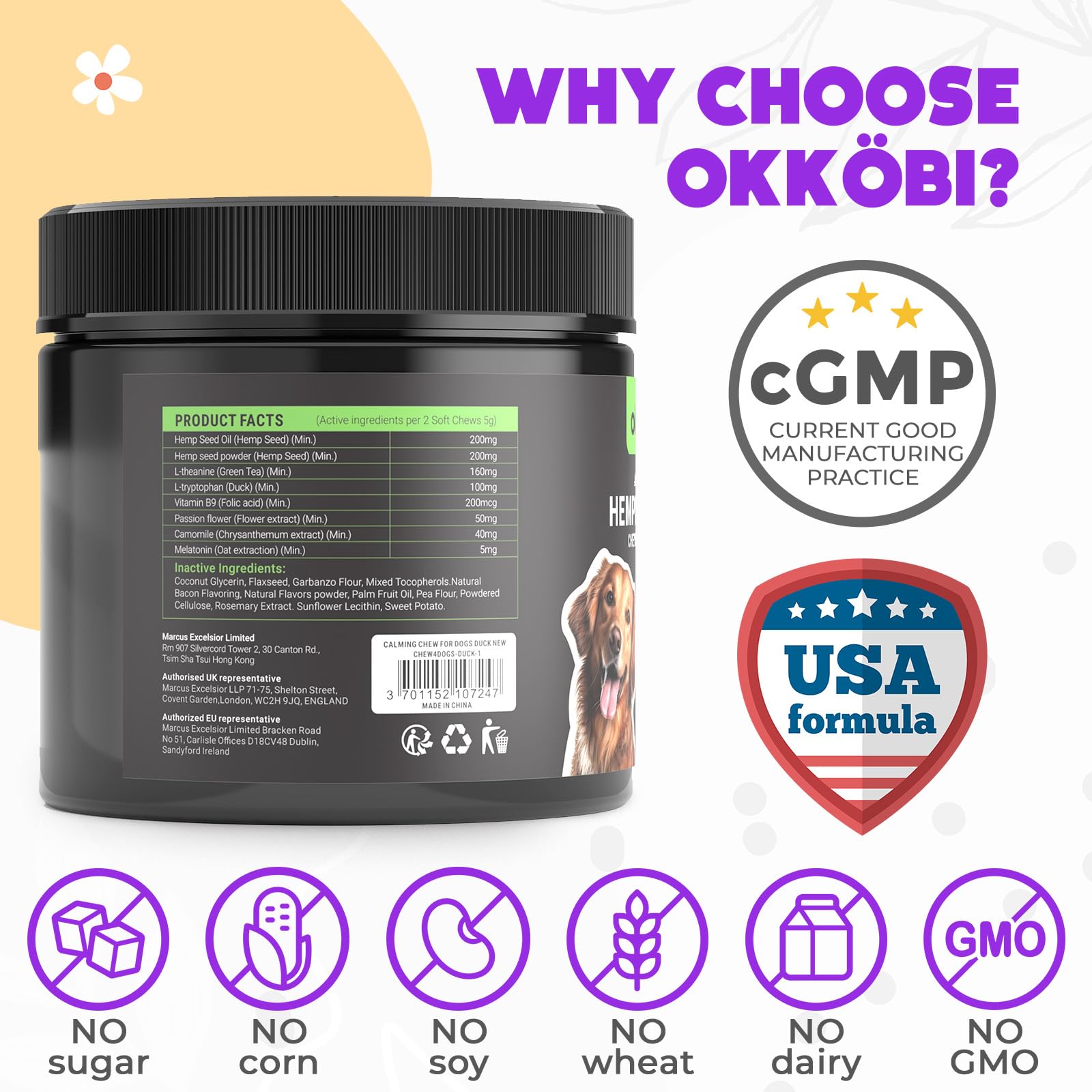 OKKÖBI melatonin dog treats indicate sleep-friendly relaxation.