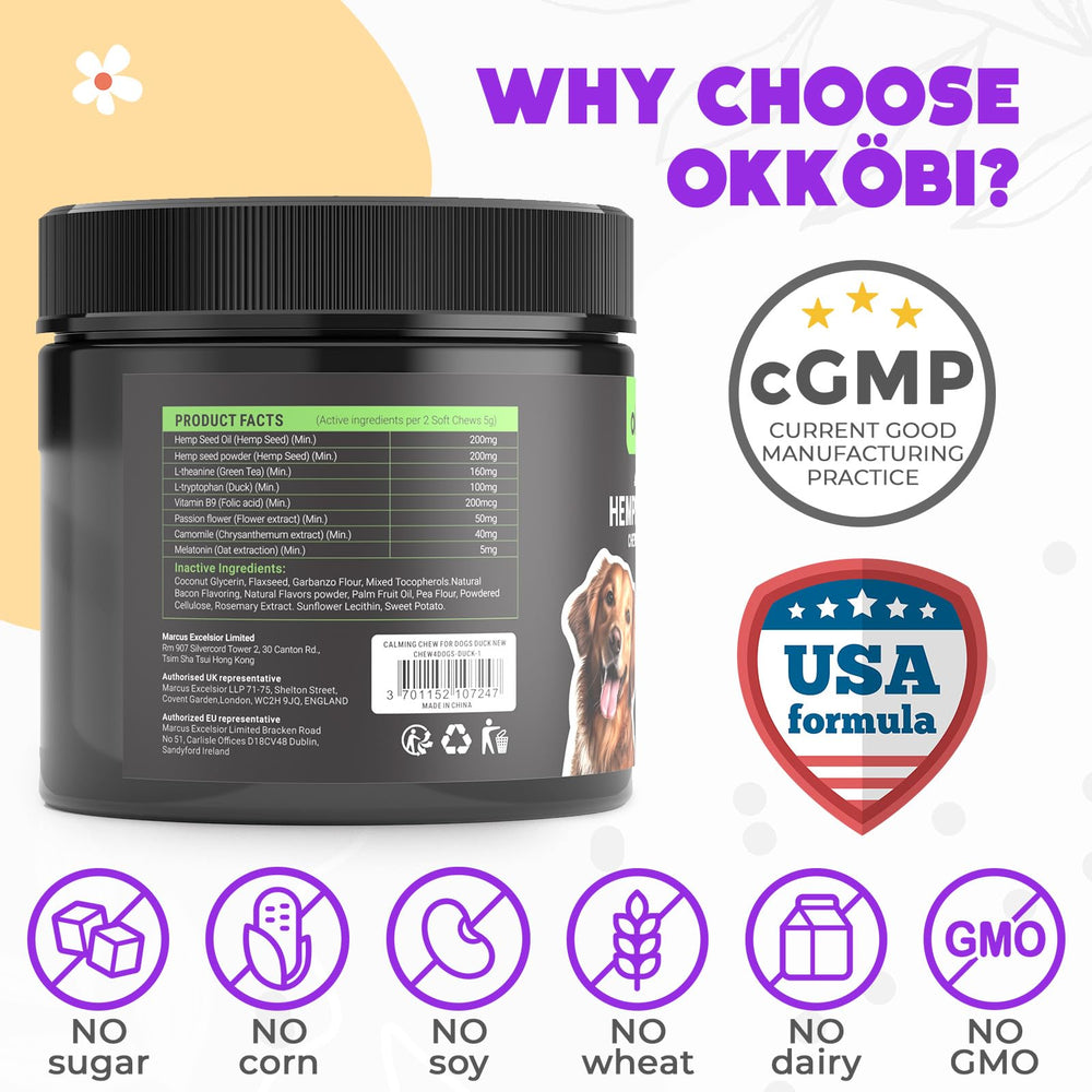 OKKÖBI melatonin dog treats indicate sleep-friendly relaxation.
