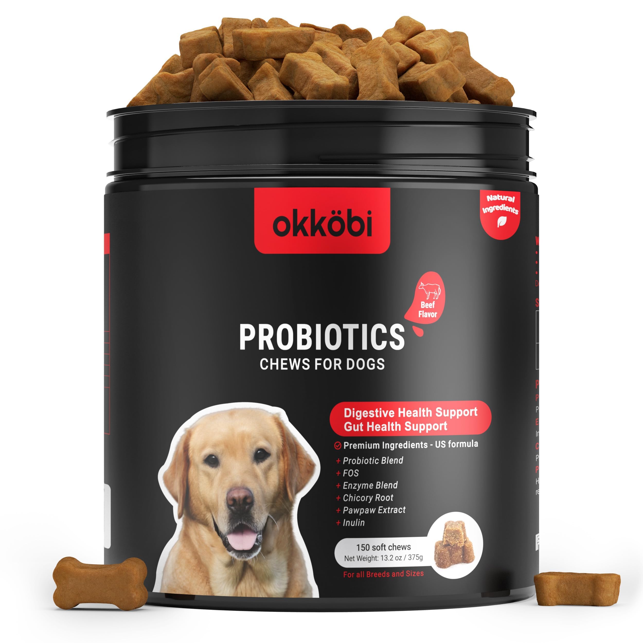 OKKÖBI Probioticos para perros, gomitas en bote, apoyo digestivo suave.