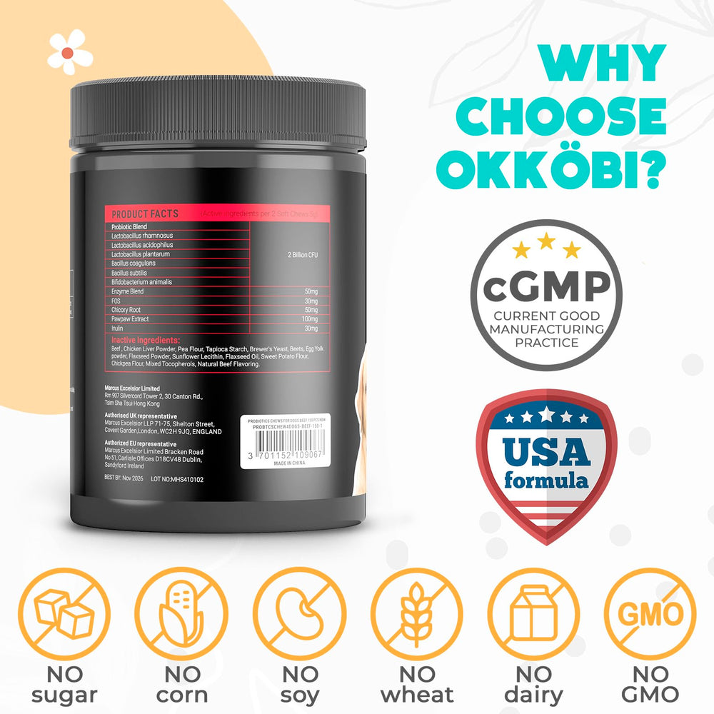 OKKÖBI Probioticos para perros, gomitas sabor calabaza vegana.