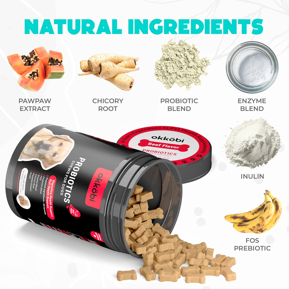 OKKÖBI Probioticos para perros, gomitas sabor pollo, digestión agradable.