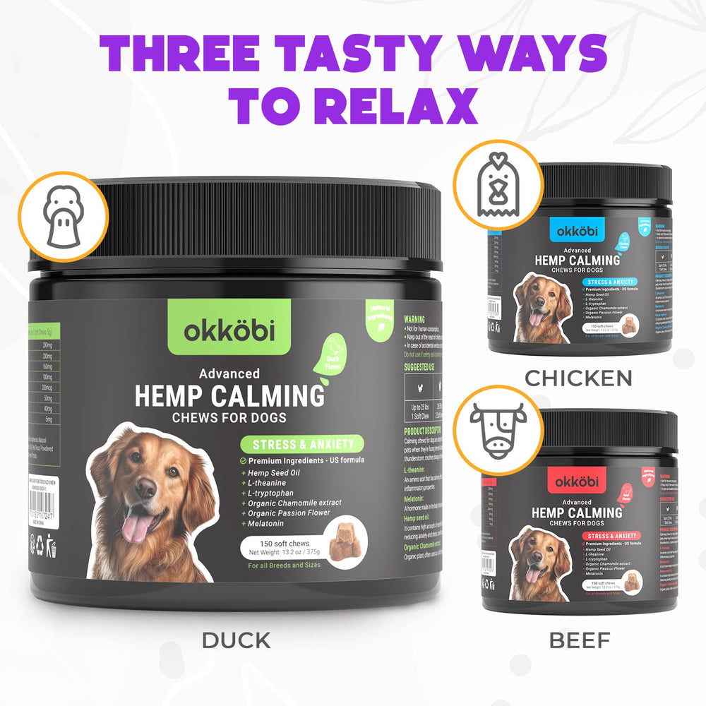 OKKÖBI travel-stress chews ready for car rides or grooming.