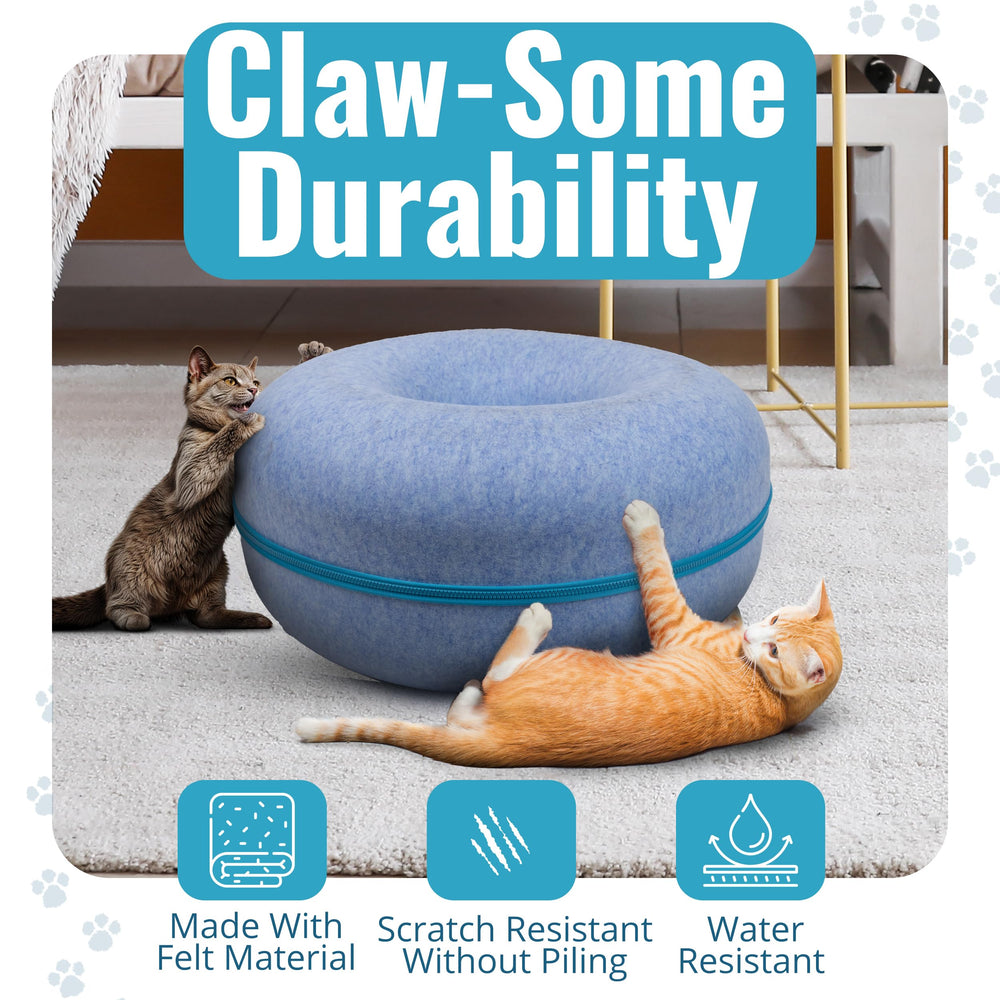 Okoco Cat Tunnel Bed hanging ball toy for interactive play.