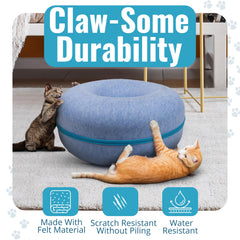 Okoco Cat Tunnel Bed hanging ball toy for interactive play.