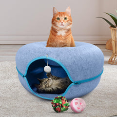 Okoco Cat Tunnel Bed light blue angle view for a cozy hideaway.