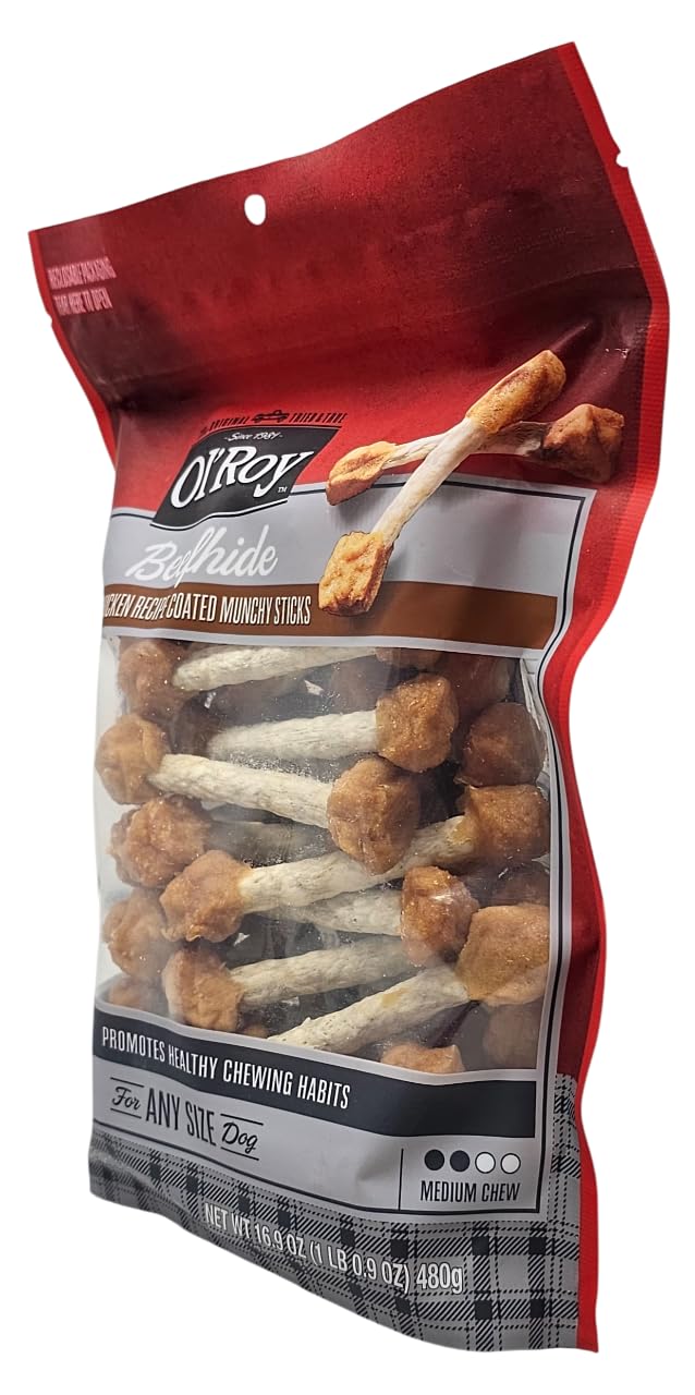Ol' Roy beefhide chicken coated munchy sticks close-up reveals texture and coating for tasty rewards.