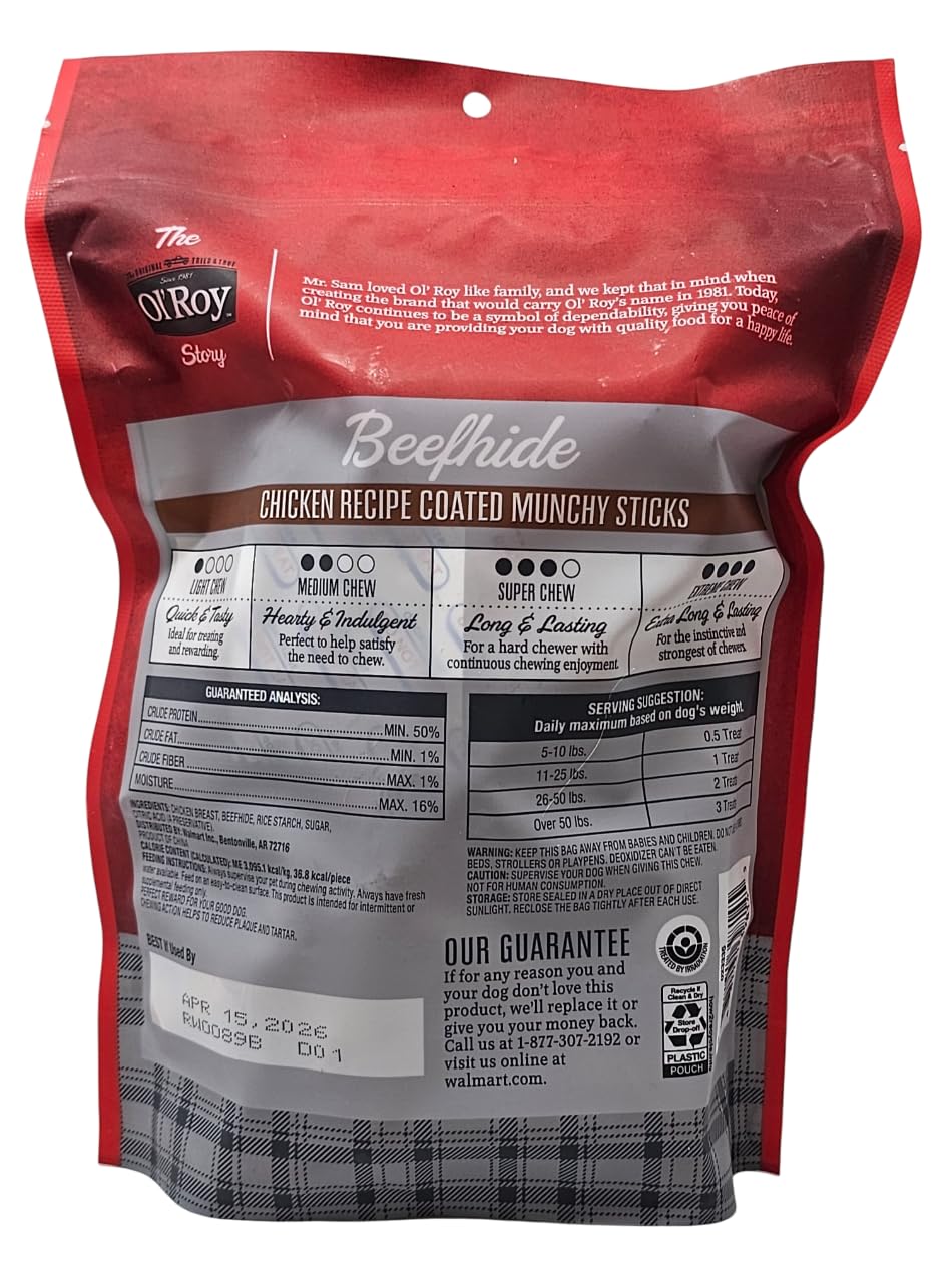Ol' Roy beefhide chicken coated munchy sticks resealable bag keeps treats fresh.
