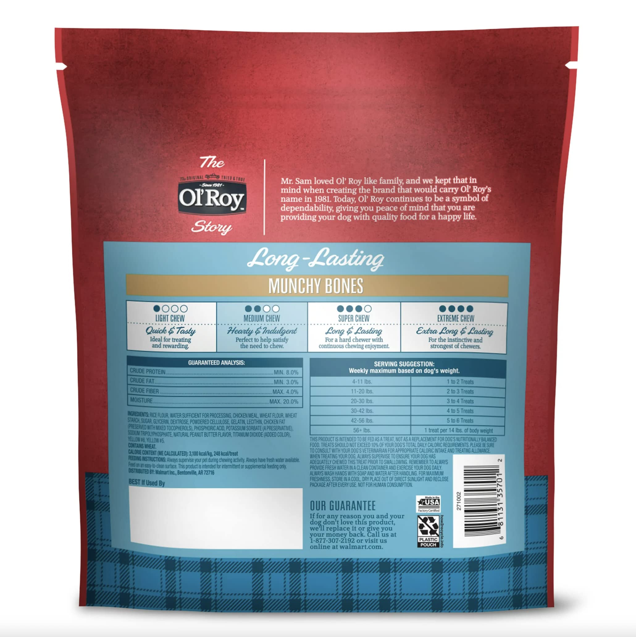 Ol' Roy Munchy Bone bag shows vitamins, minerals, and peanut butter flavoring for healthier snacking
