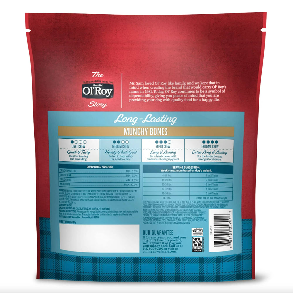 Ol' Roy Munchy Bone bag shows vitamins, minerals, and peanut butter flavoring for healthier snacking