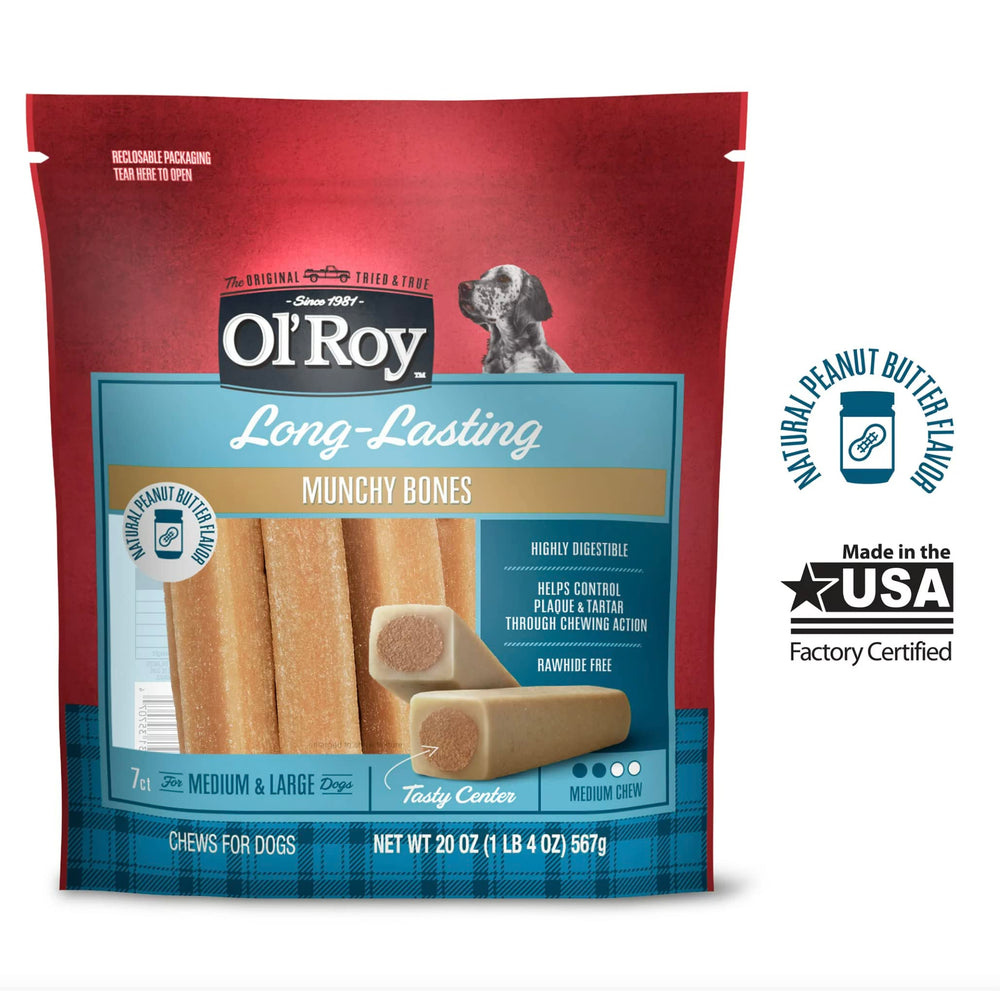 Dog during walk chews Ol' Roy Munchy Bone, a portable chew for busy owners