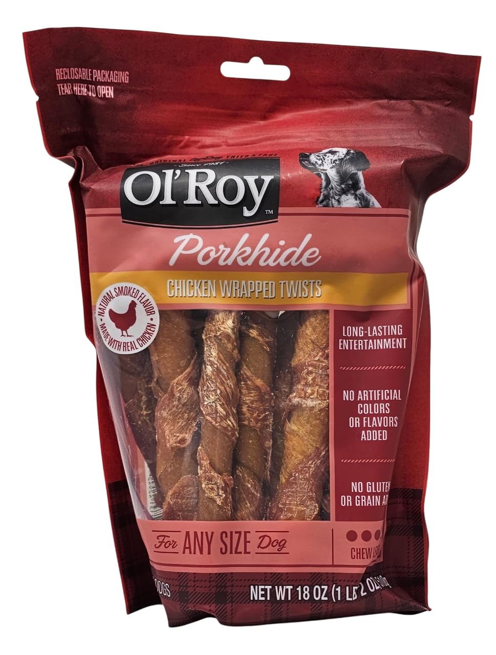 Ol' Roy Porkhide Chicken Wrapped Twists bag in hand, a satisfying chew for dogs of all sizes