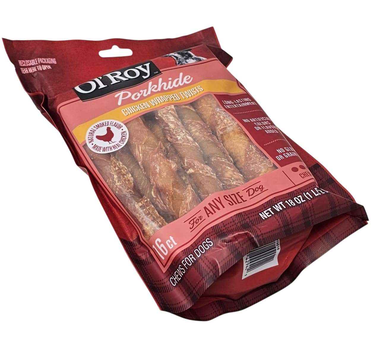 Ol' Roy Porkhide Chicken Wrapped Twists display, no artificial colors or flavors in treats