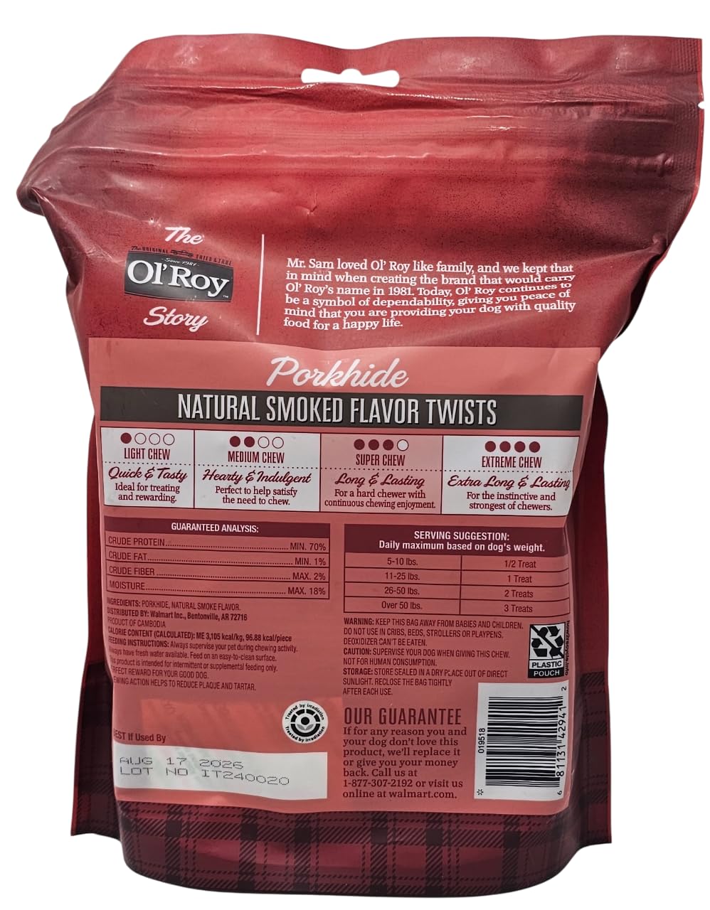 Ol' Roy porkhide twists closeup highlights natural smoked flavor for tasty chews.