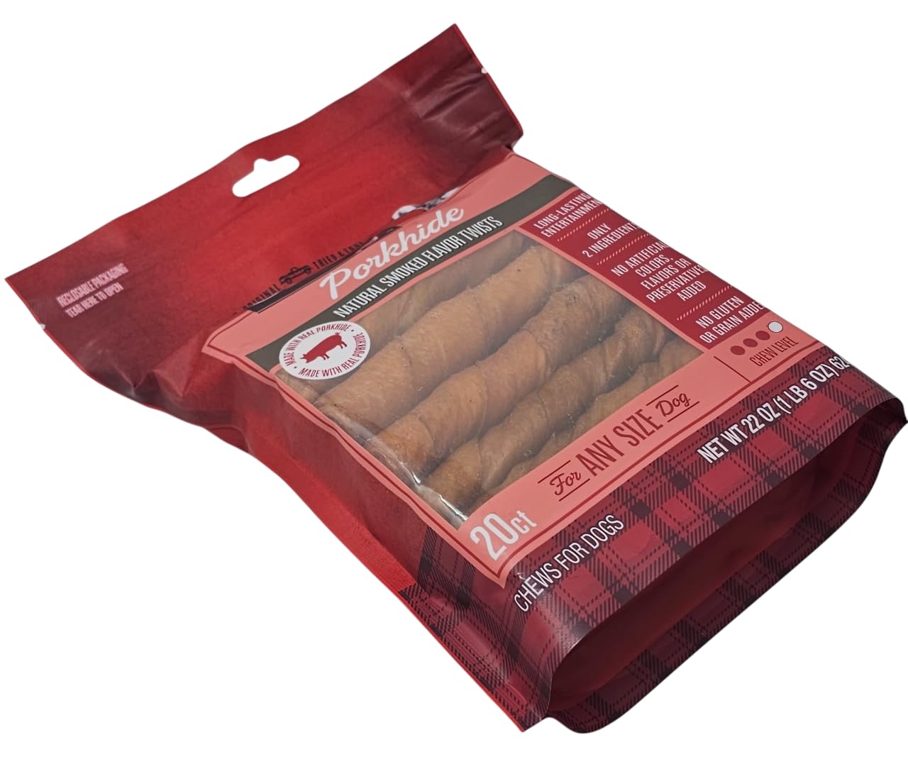 Ol' Roy porkhide twists in bag shows 20-count supply for shared playtime.