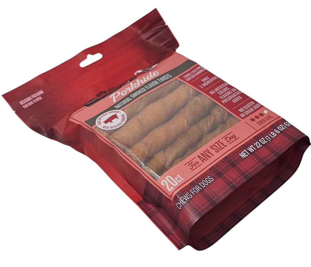 Ol' Roy porkhide twists in bag shows 20-count supply for shared playtime.