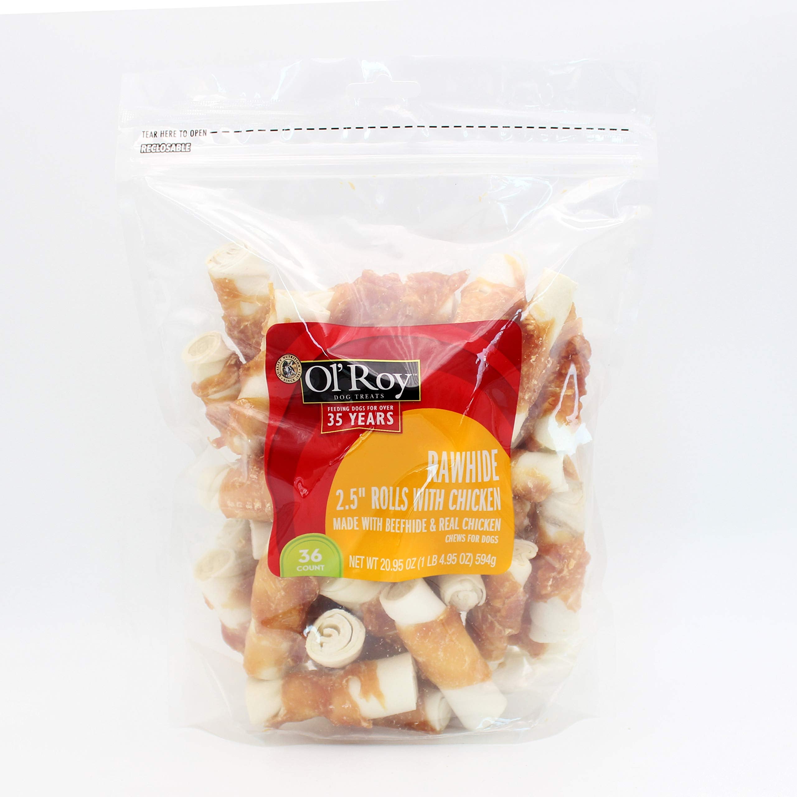 Ol' Roy rawhide roll chicken 2.5-inch bag fuels longer chew sessions for dogs