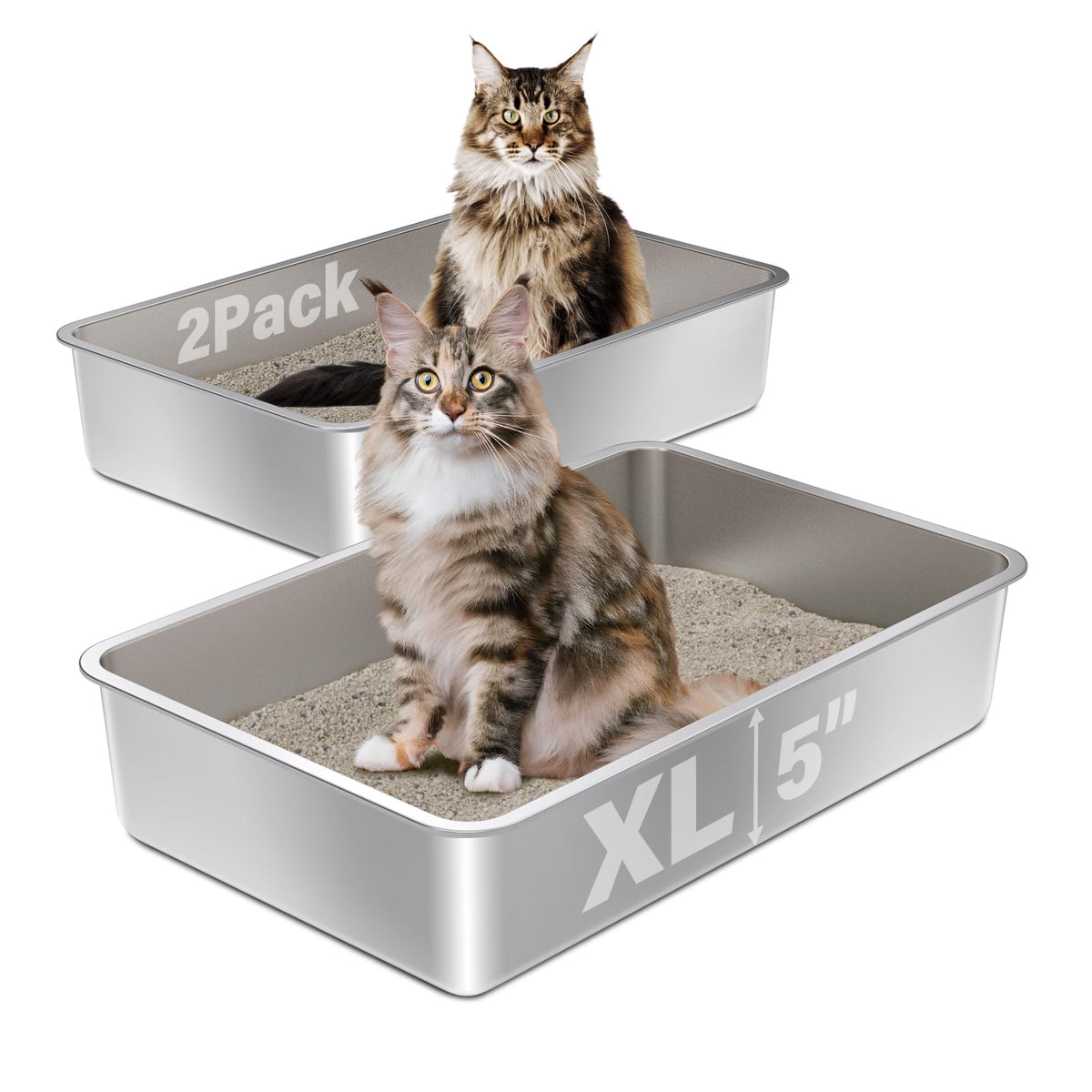 Olacat stainless steel litter box 2-pack wide view shows spacious interior for big cats