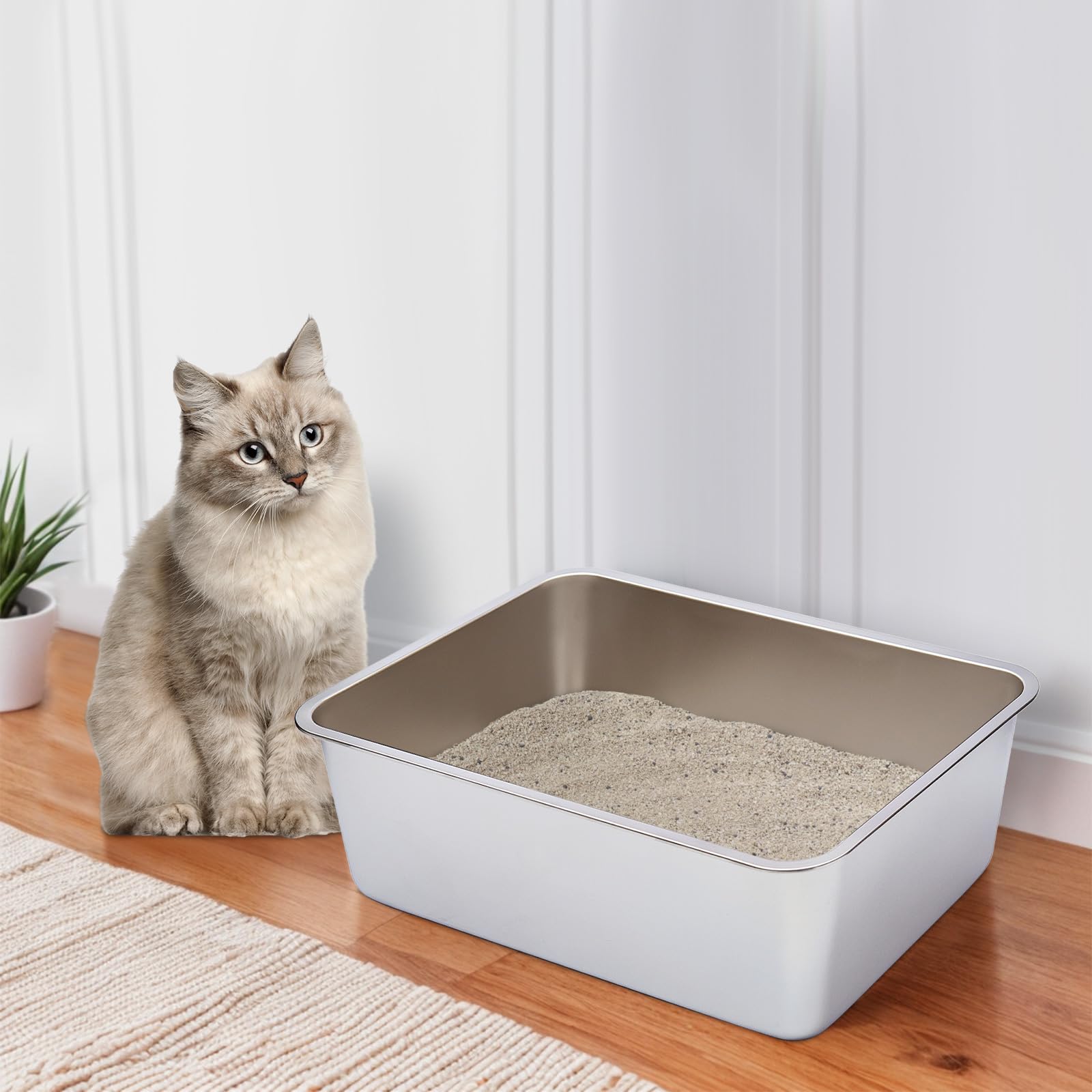 Olacat stainless steel litter box dimensions 17.7 x 13.7 x 6 inches for cats up to 15 pounds.