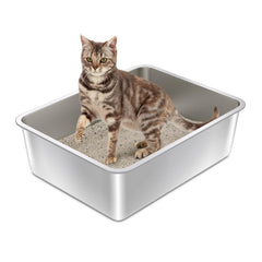 Olacat stainless steel litter box front view highlights durable non-stick surface for easy cleaning.