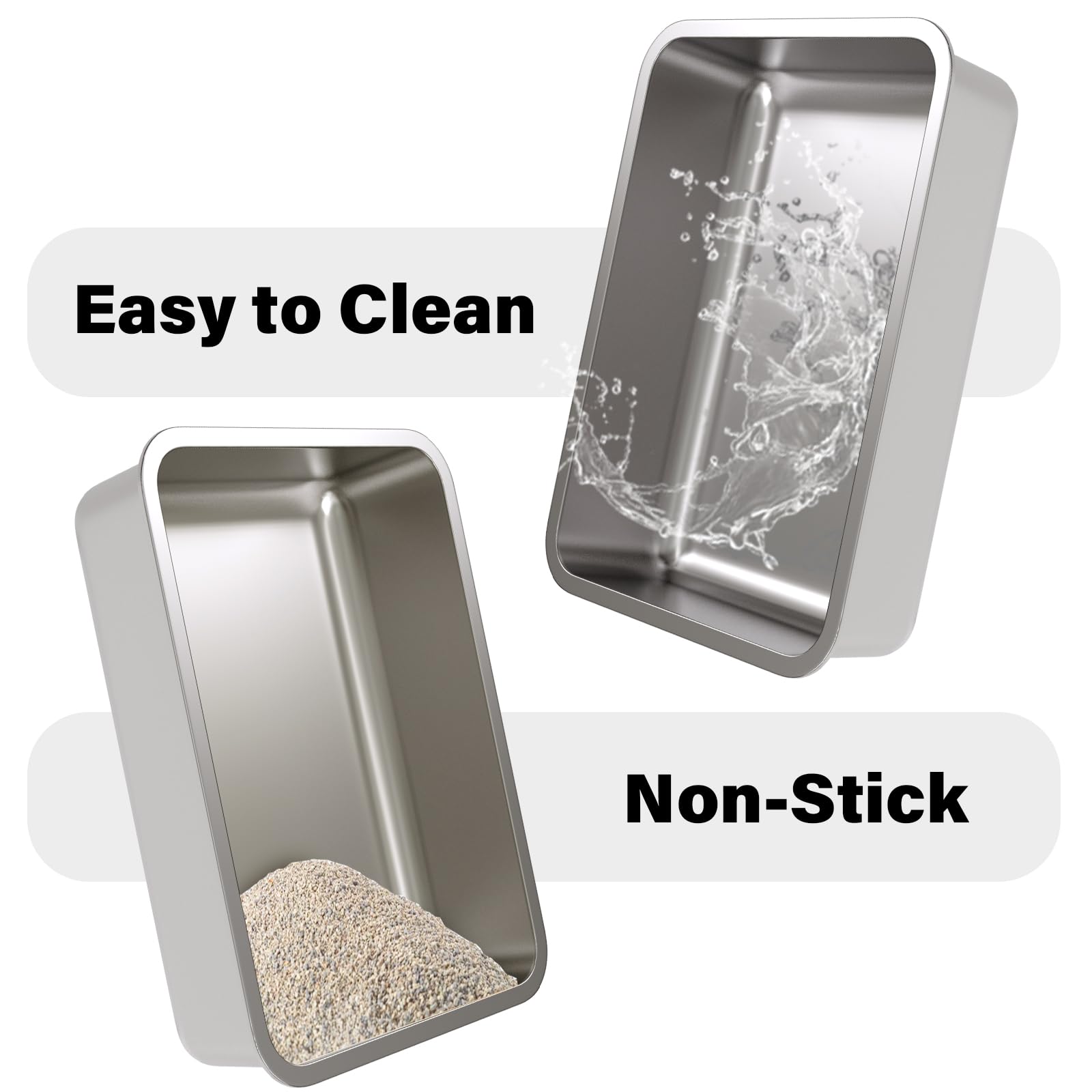 Olacat stainless steel litter box with rounded corners for pet safety and comfort.