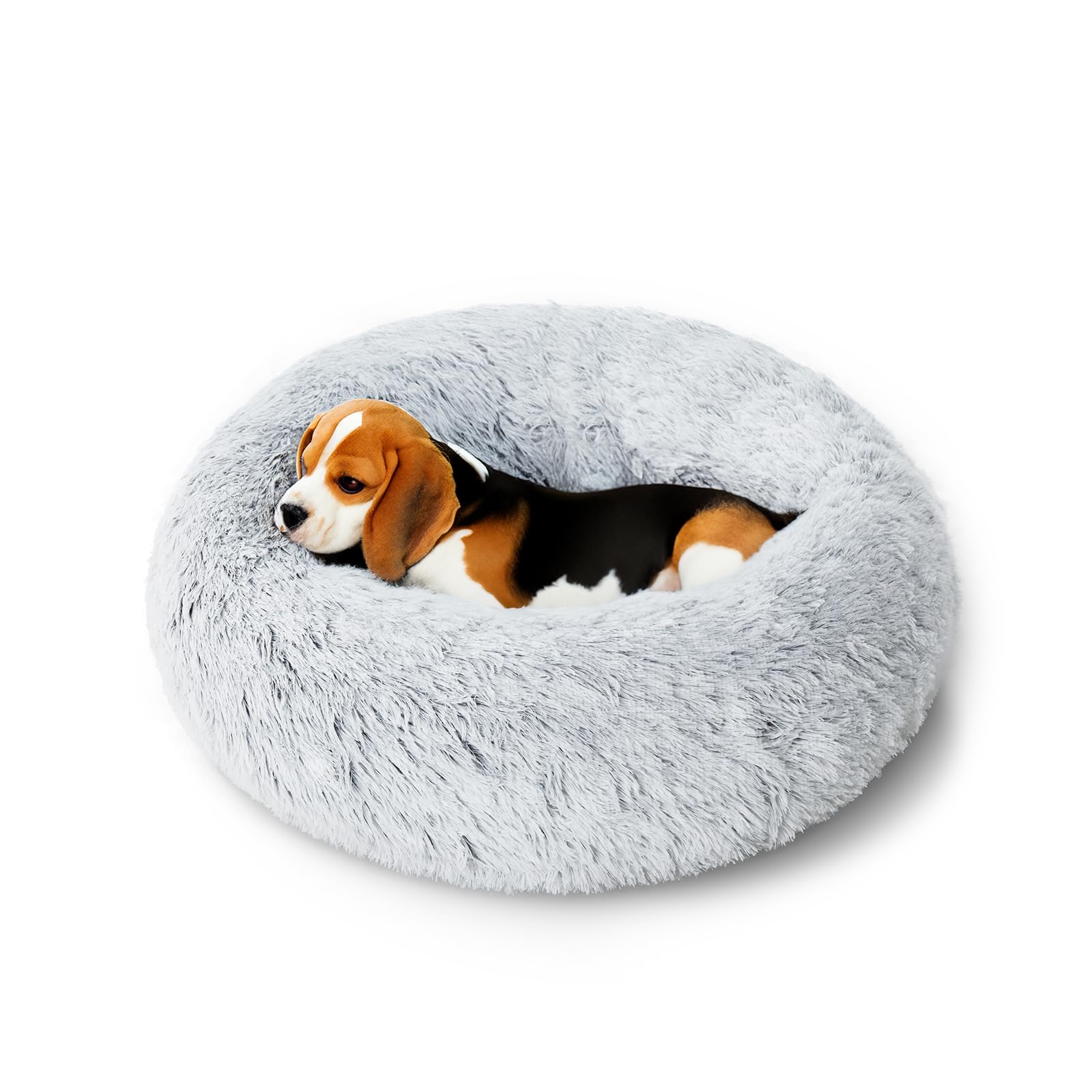 OlaPhum Calming Dog Bed 23in donut shape offers cozy burrowing comfort for small dogs.